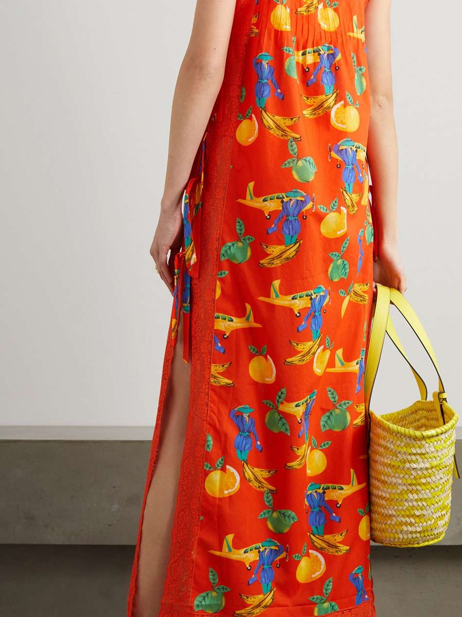 fiocchini tie-detailed lace-trimmed printed cotton-voile maxi dress