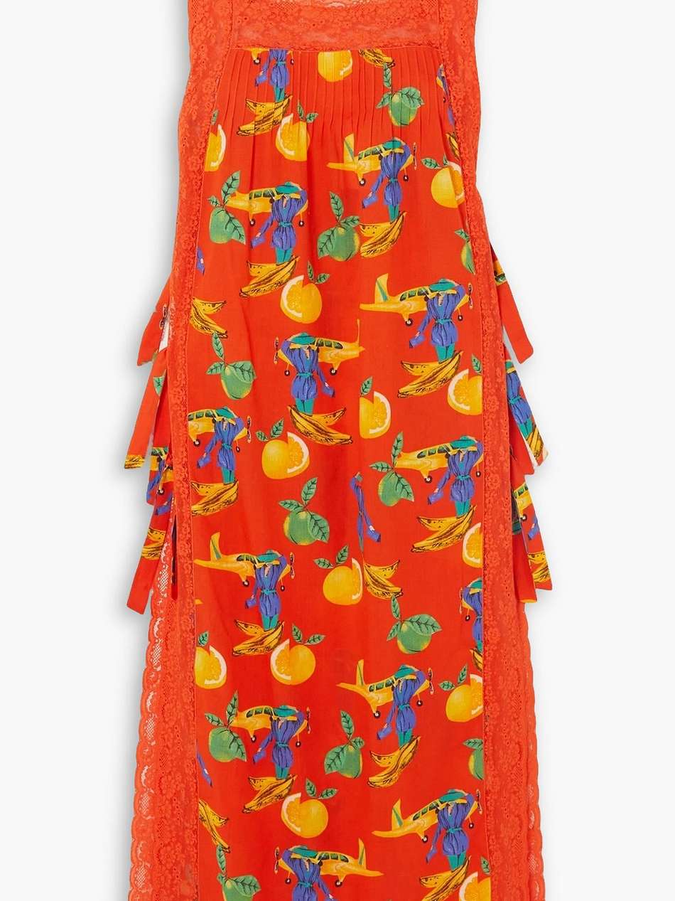 fiocchini tie-detailed lace-trimmed printed cotton-voile maxi dress