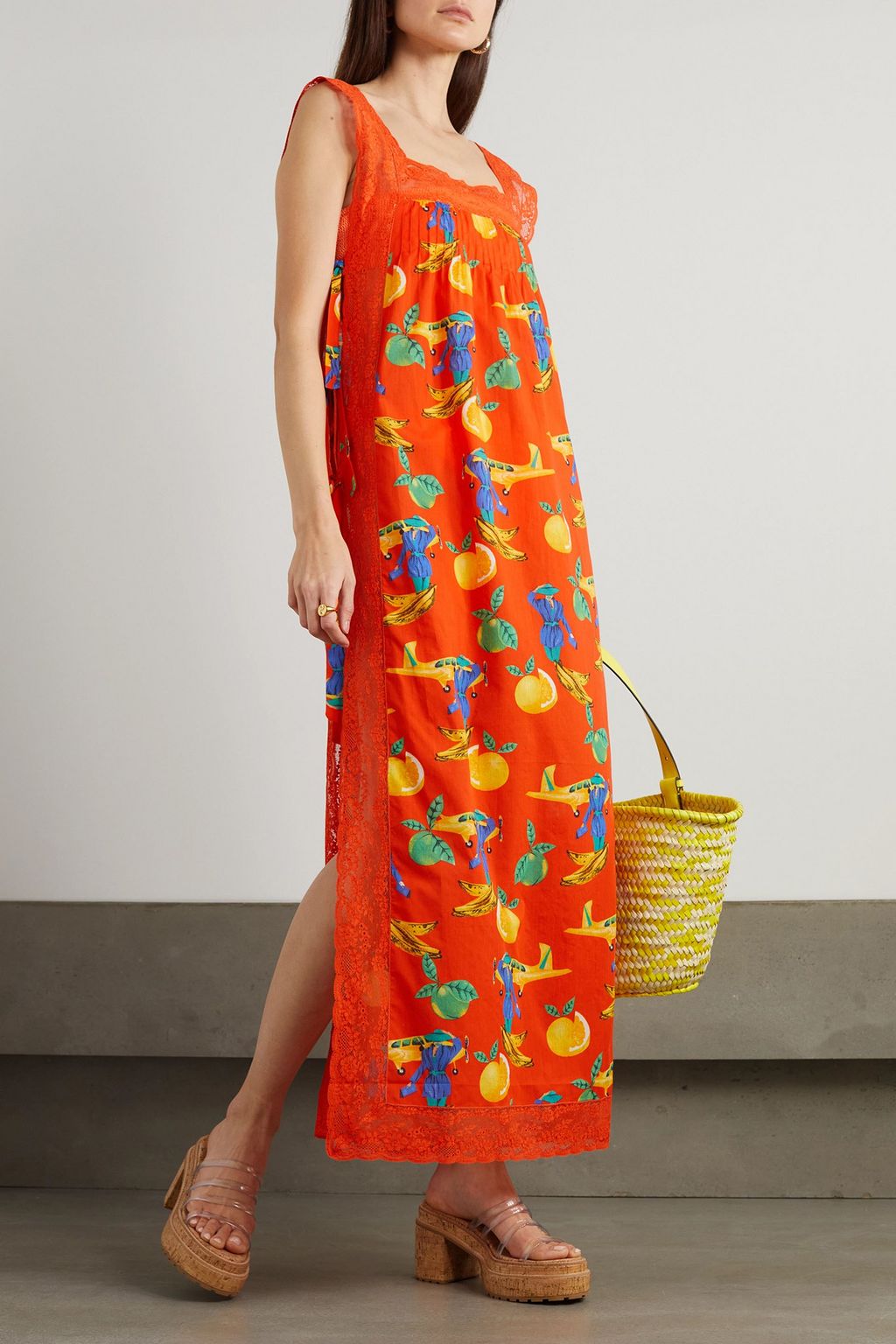 LORETTA CAPONI Fiocchini tie-detailed lace-trimmed printed cotton-voile maxi dress