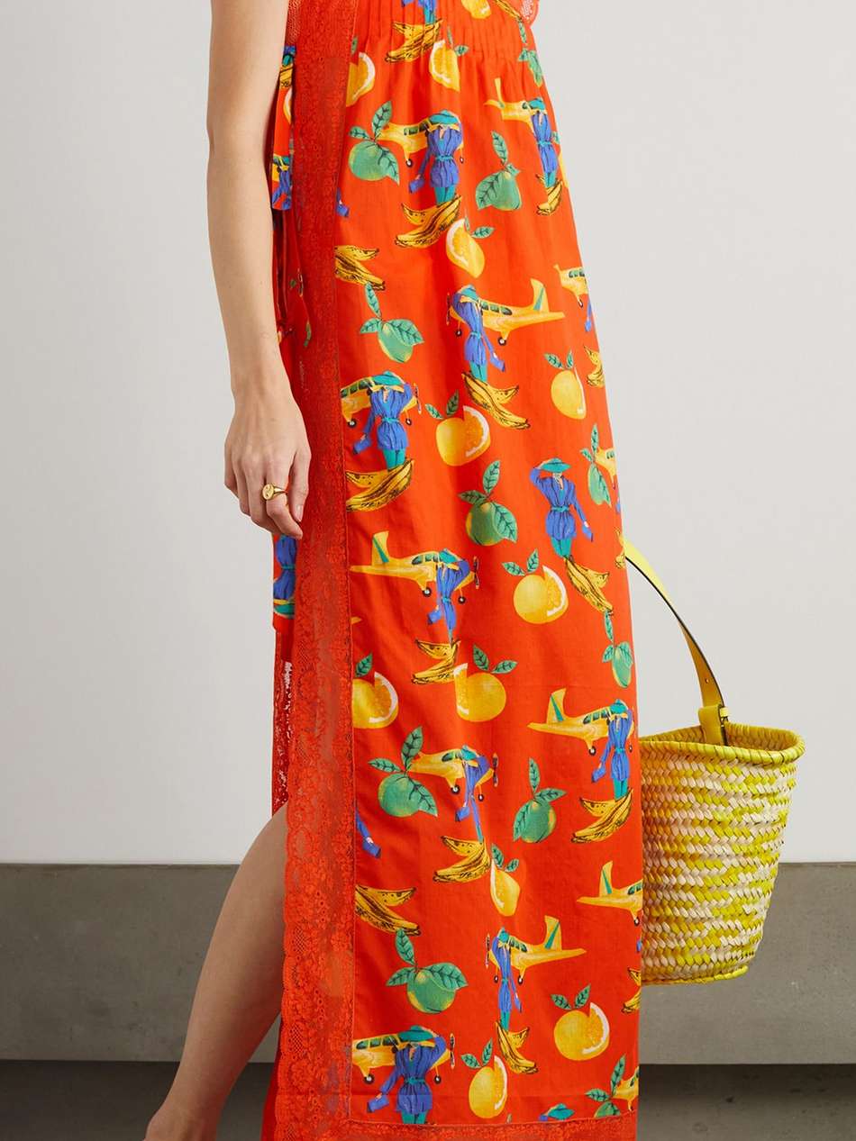 fiocchini tie-detailed lace-trimmed printed cotton-voile maxi dress