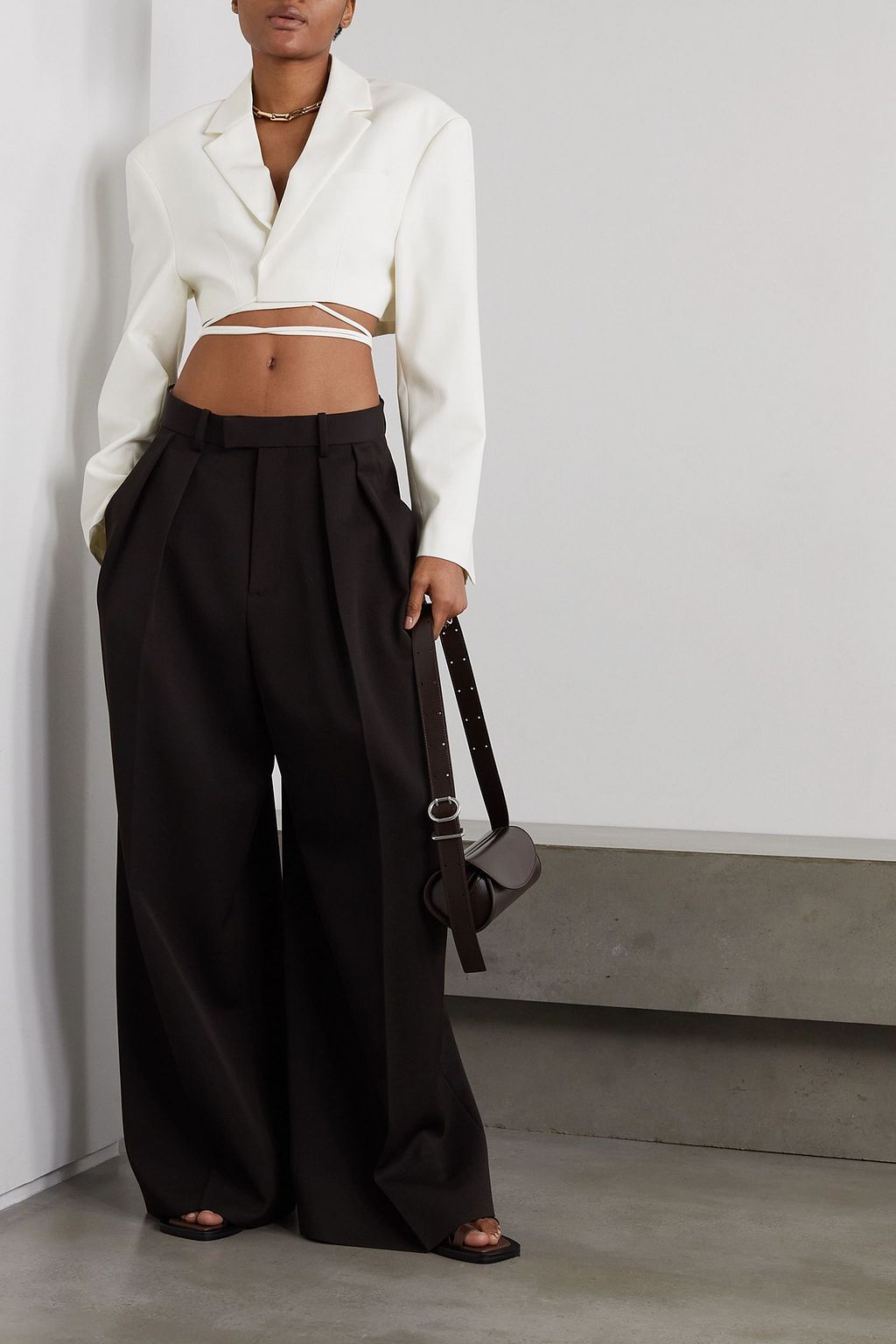 BOUGUESSA Nahid cropped tie-detailed grain de poudre blazer