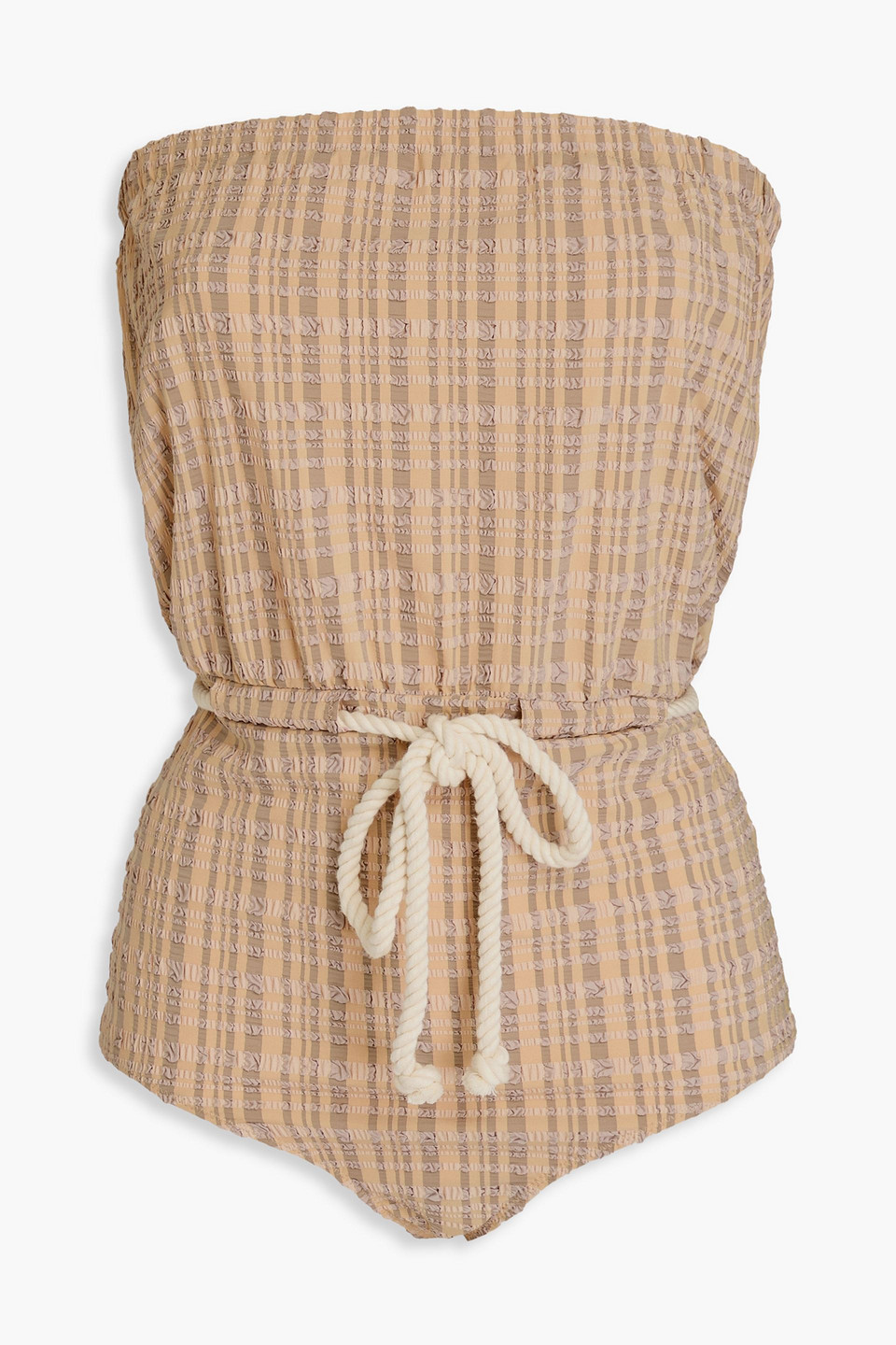 Lisa Marie Fernandez Victor Rope-detailed Seersucker Bandeau Swimsuit In Neutral