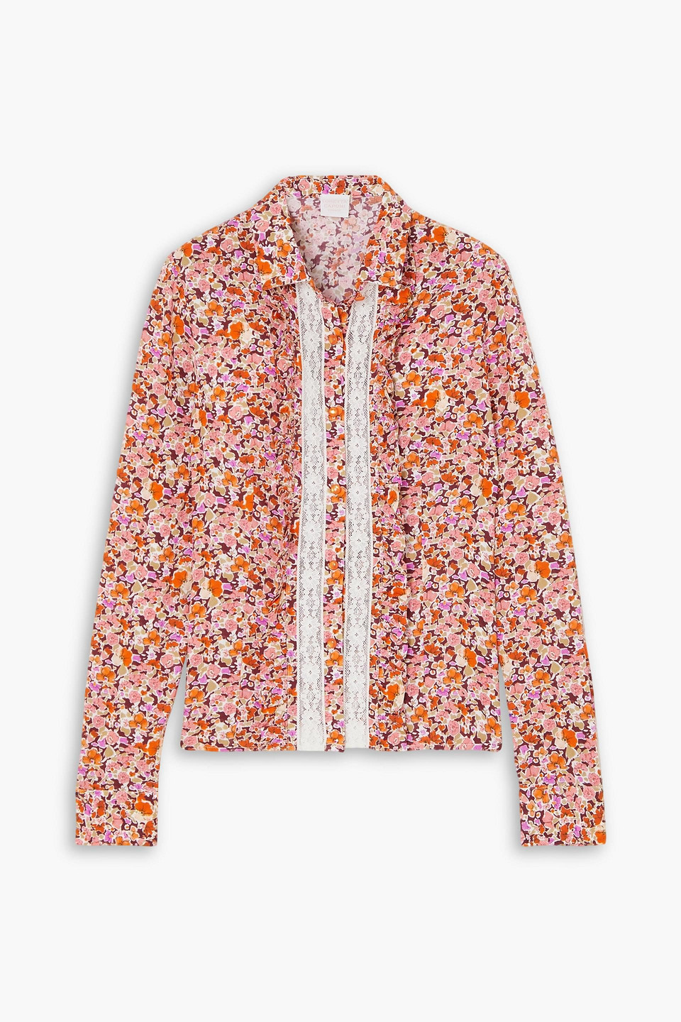 Loretta Caponi Bruna Lace-trimmed Floral-print Woven Shirt In Orange