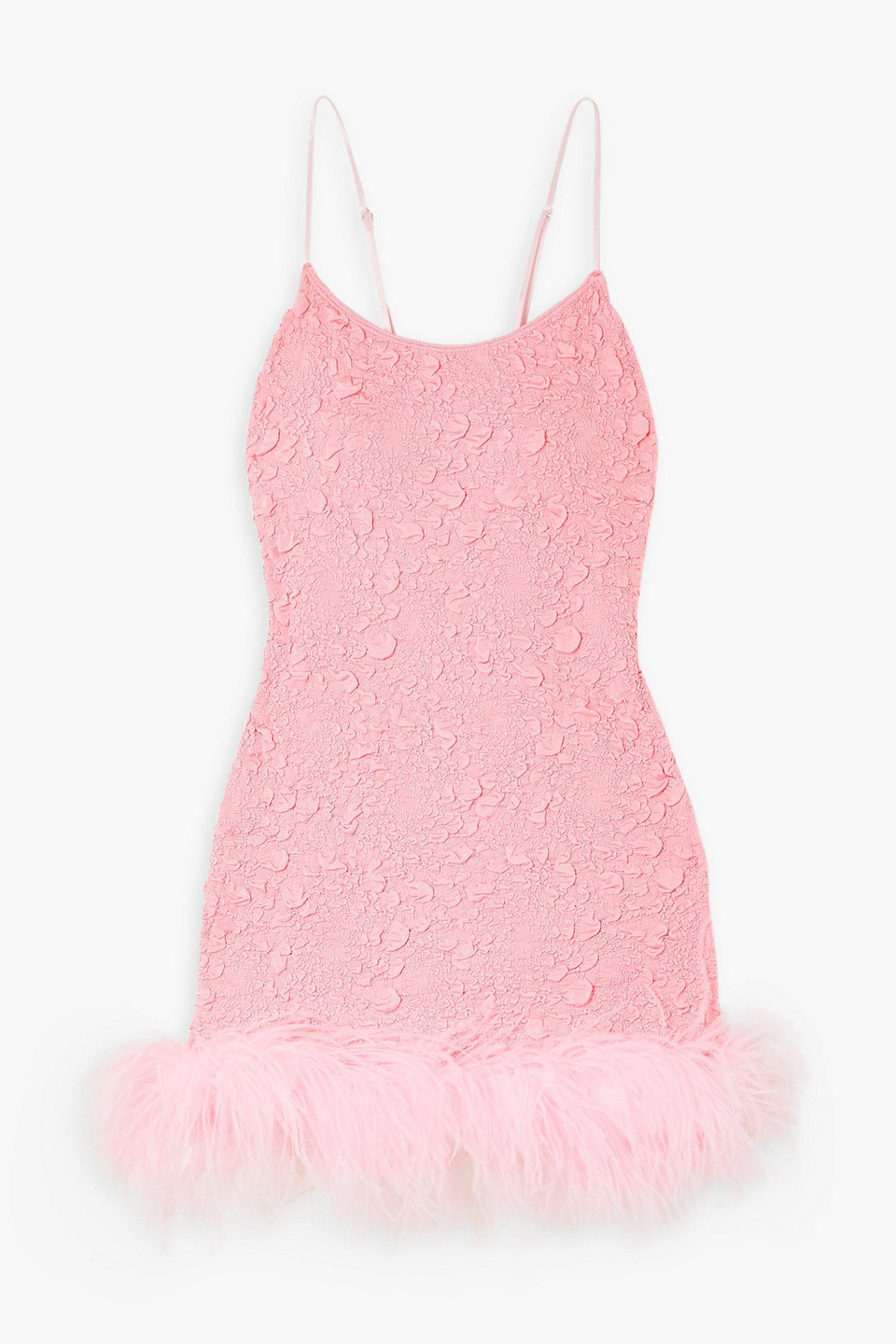 Leslie Amon Laurie Feather-trimmed Stretch-jacquard Mini Dress In Pink
