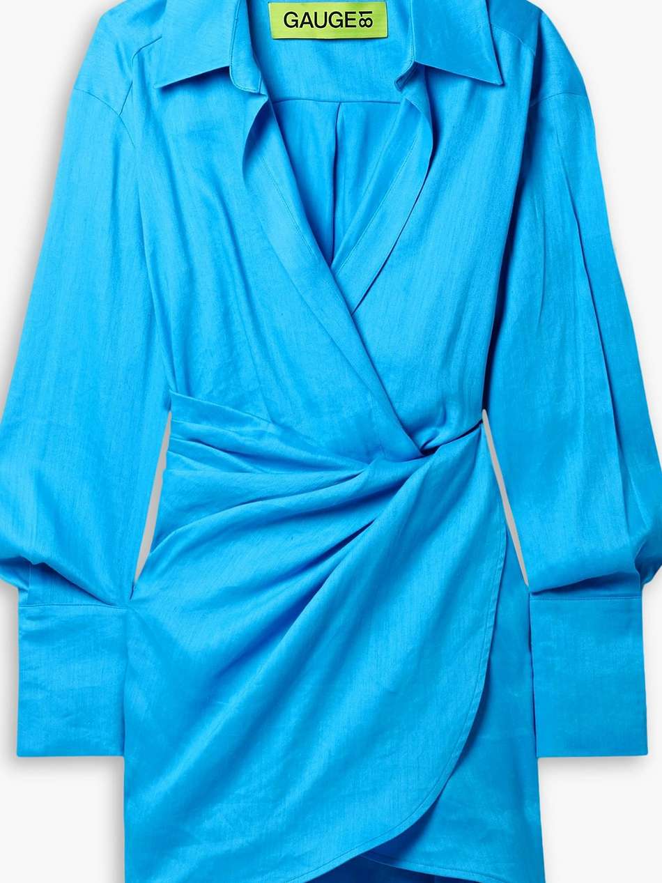 puno wrap-effect linen-blend mini shirt dress
