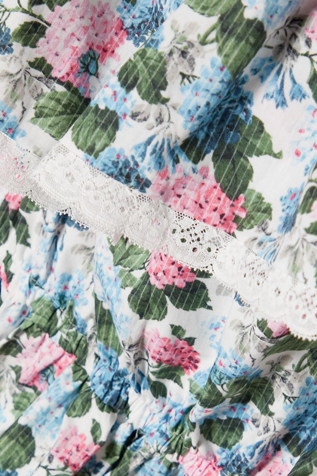 LORETTA CAPONI Dafne one-shoulder lace-trimmed floral-print cotton-poplin top
