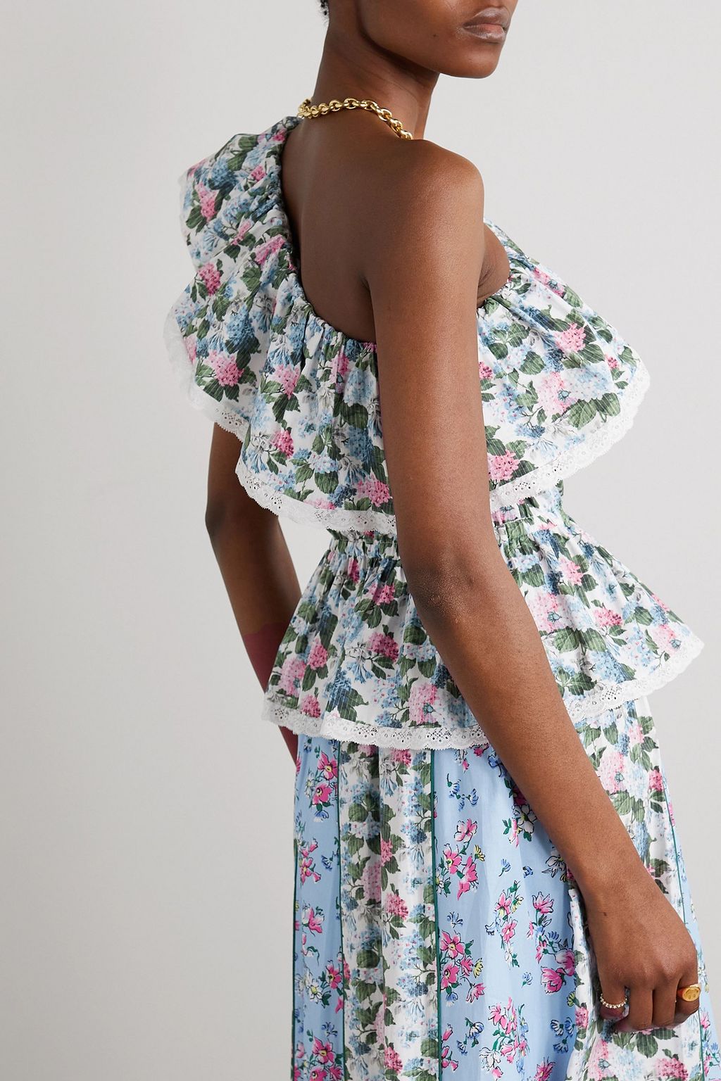 LORETTA CAPONI Dafne one-shoulder lace-trimmed floral-print cotton-poplin top