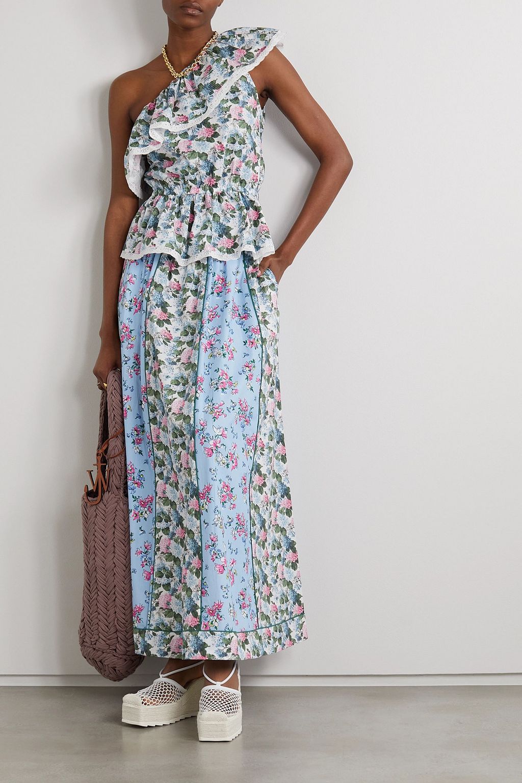 LORETTA CAPONI Dafne one-shoulder lace-trimmed floral-print cotton-poplin top