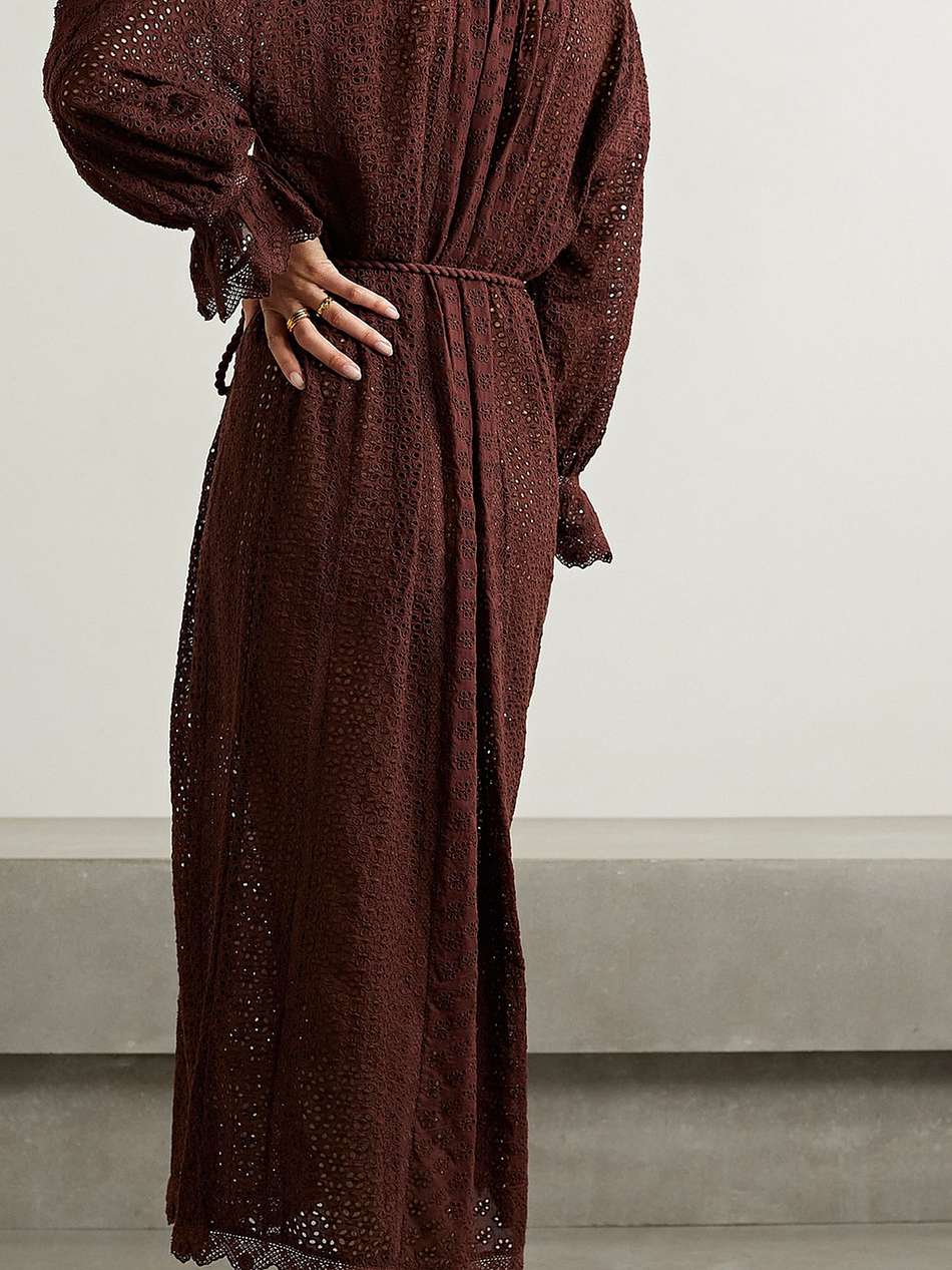 persephone belted broderie anglaise cotton maxi dress