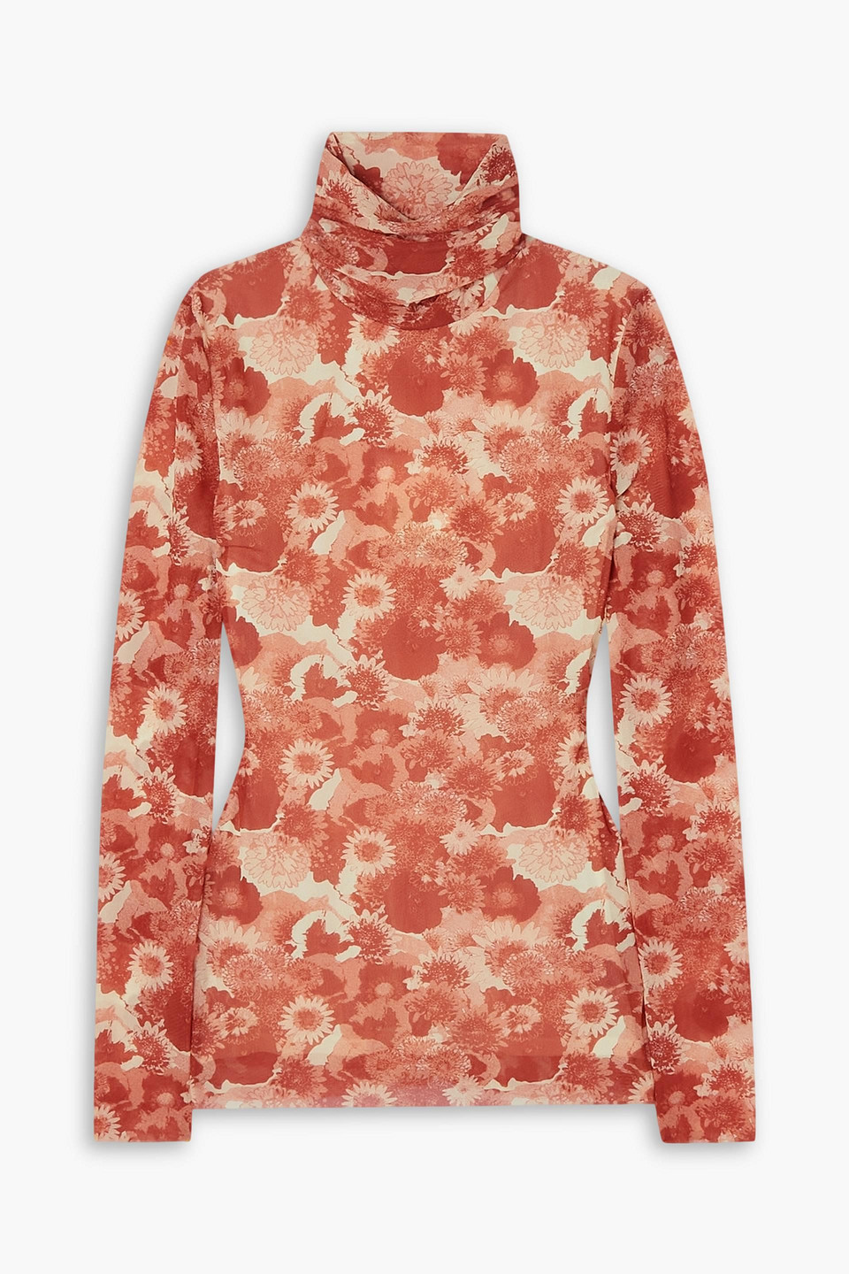 Ganni Floral Turtleneck Top In Brick
