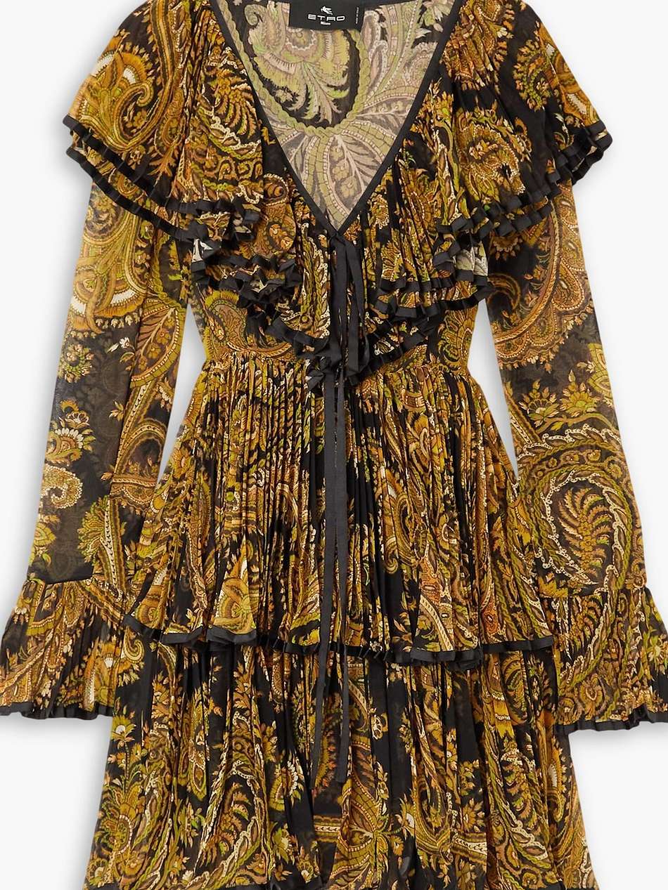 ruffled paisley-print pleated organza mini dress