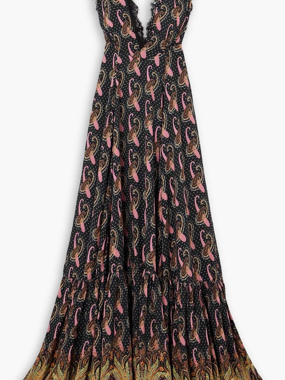 lace-trimmed paisley-print crepon maxi dress