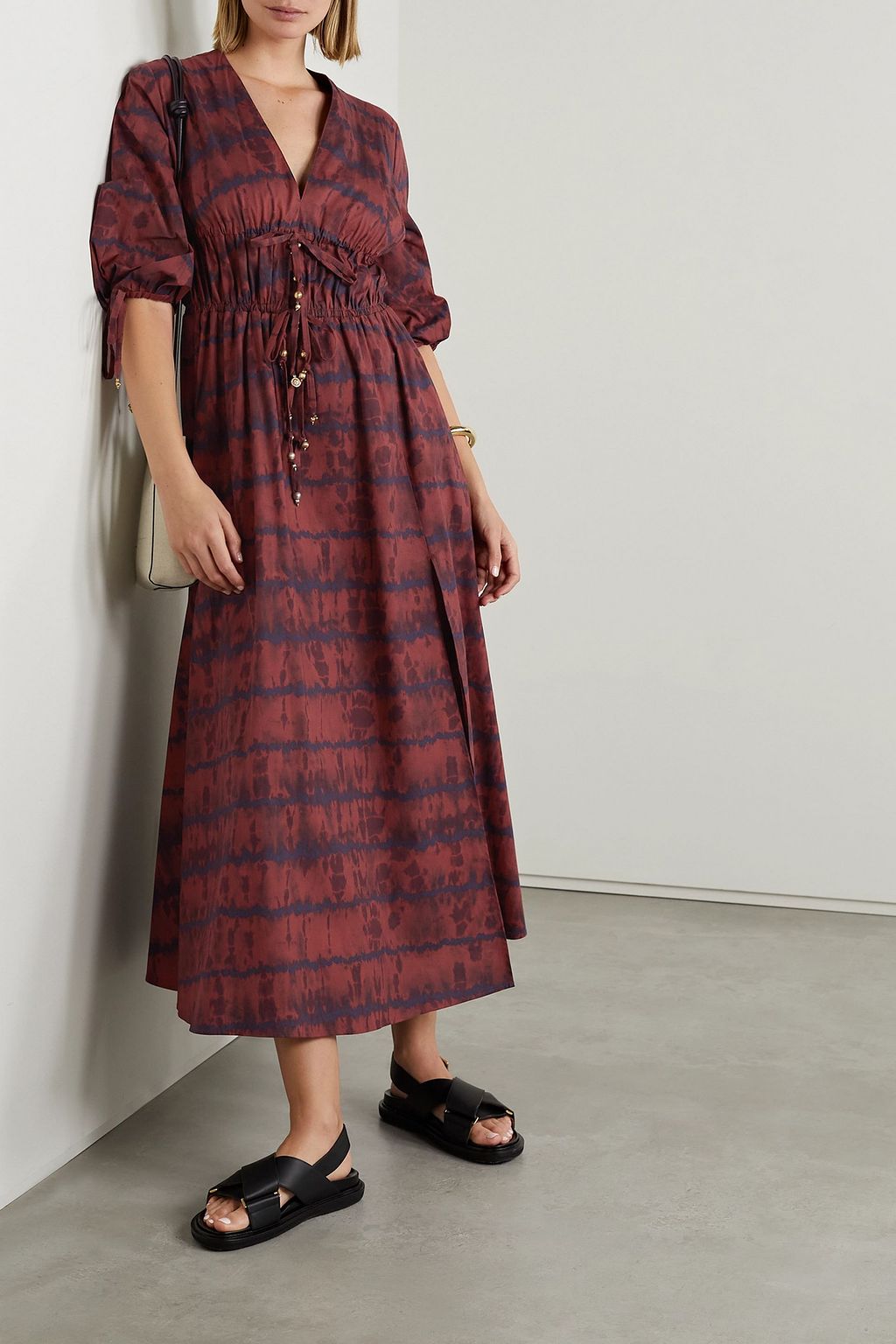 ALTUZARRA 돈린 장식 주름 타이 다이 코튼 혼방 포플린 미디 드레스