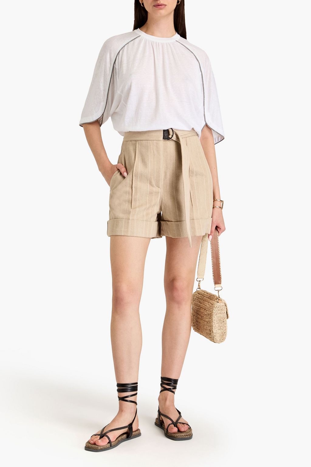 BRUNELLO CUCINELLI 비즈 장식 스트라이프 데님 쇼츠