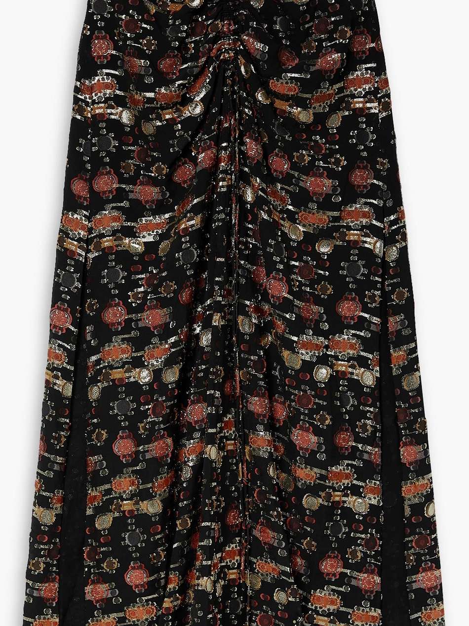safia ruched metallic fil coupé silk-blend crepe maxi skirt