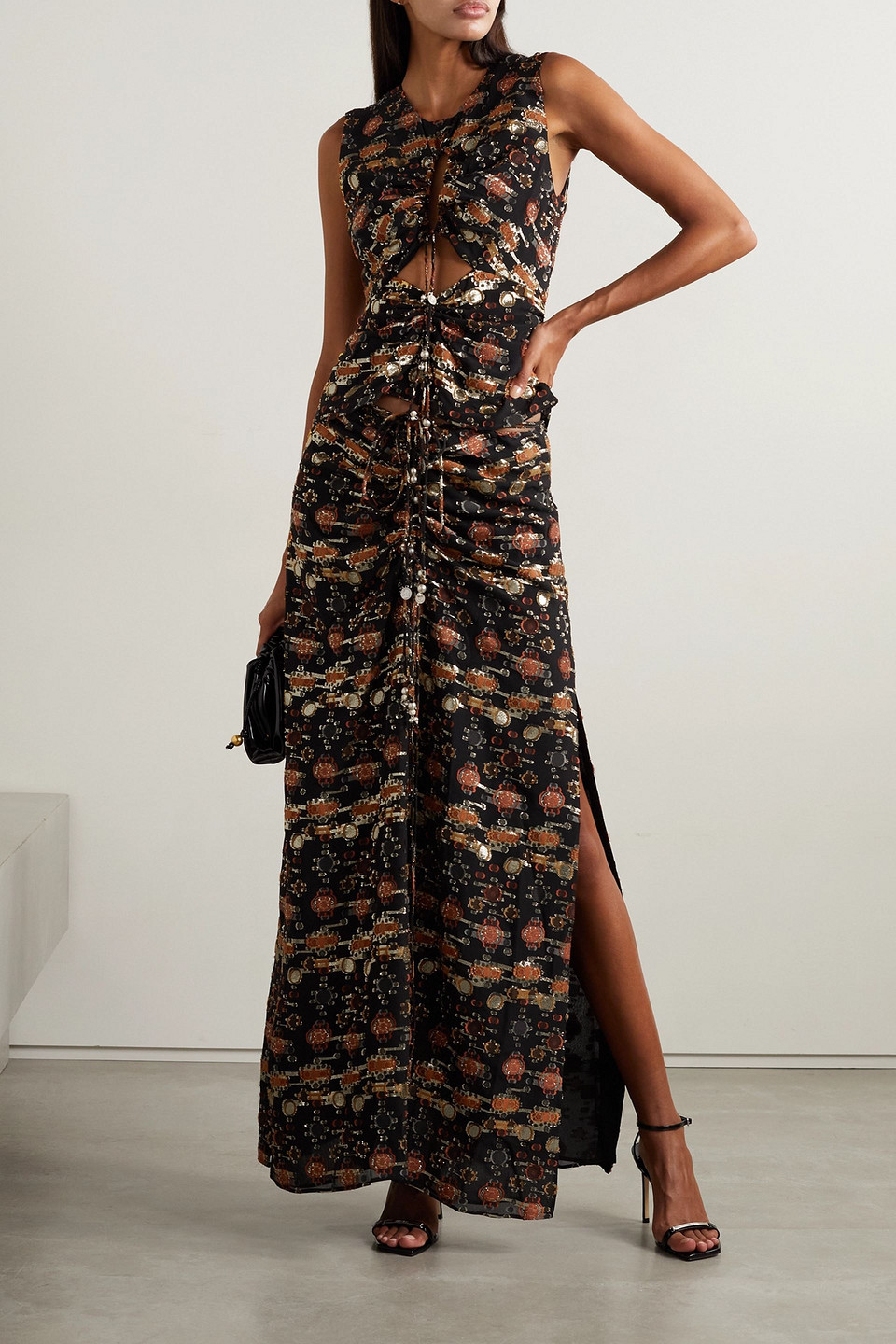 Altuzarra Safia Ruched Metallic Fil Coupé Silk-blend Crepe Maxi Skirt In Black