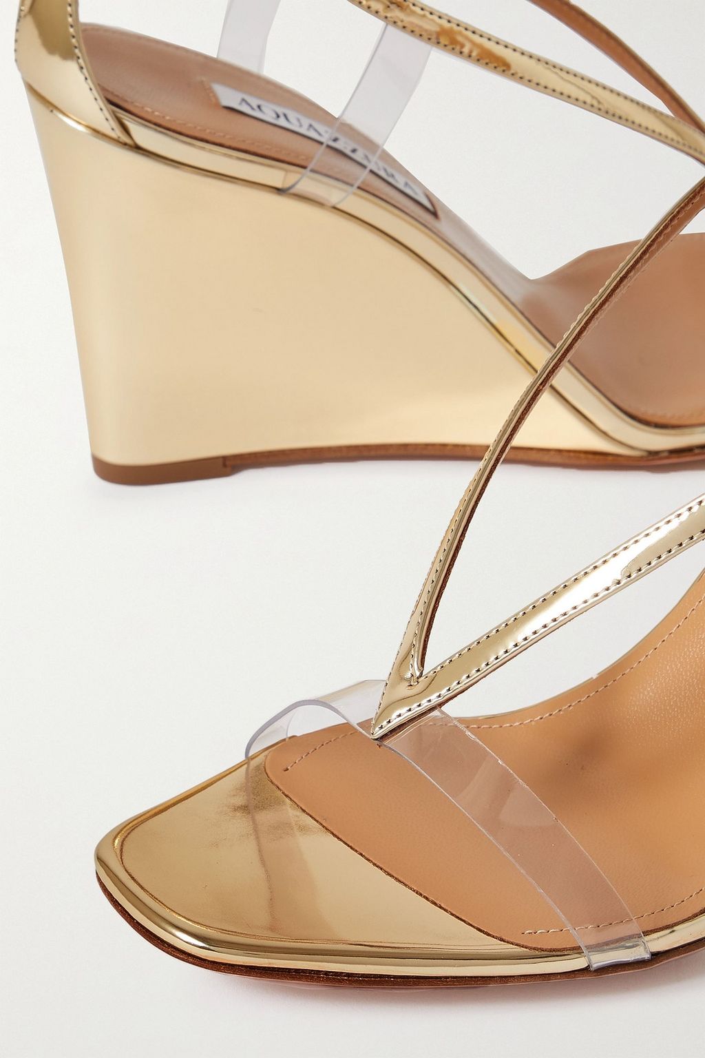 AQUAZZURA Illusions Plexi 85 PVC-trimmed mirrored-leather wedge sandals