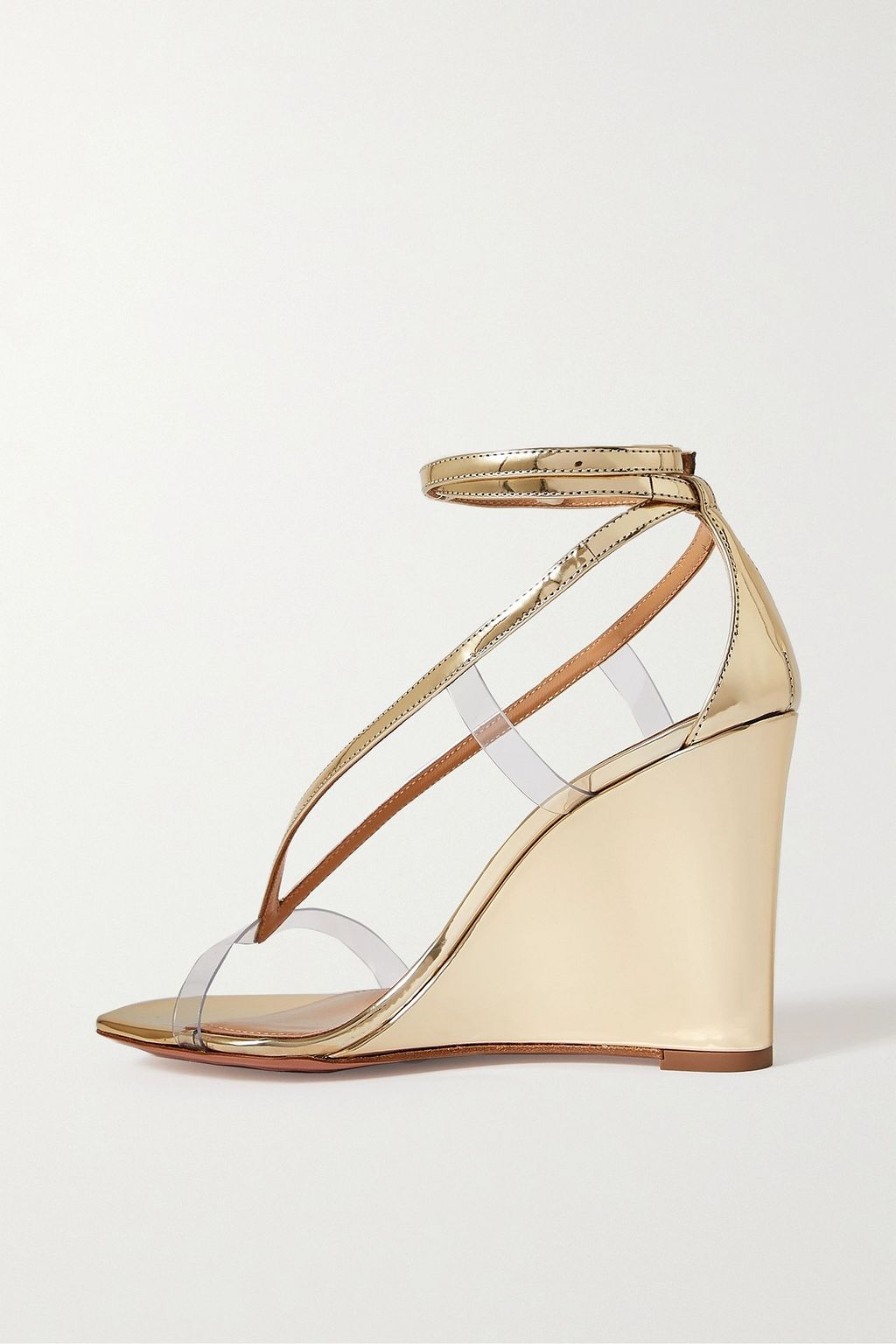 AQUAZZURA Illusions Plexi 85 PVC-trimmed mirrored-leather wedge sandals