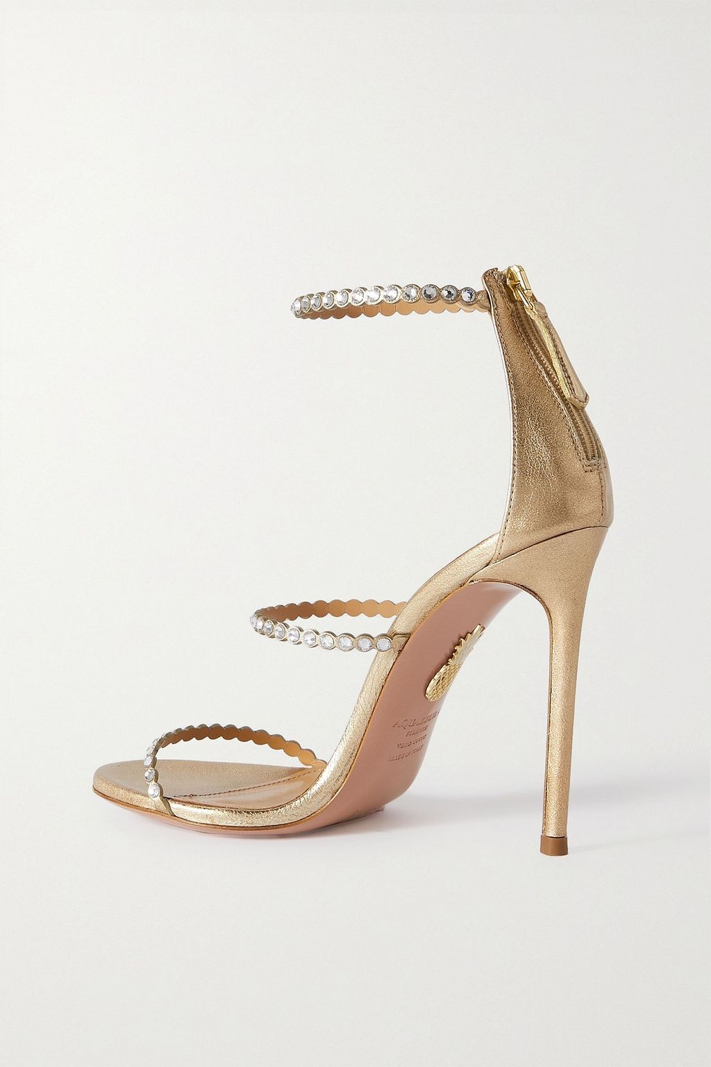 AQUAZZURA Mini Tequila 105 crystal-embellished metallic leather sandals