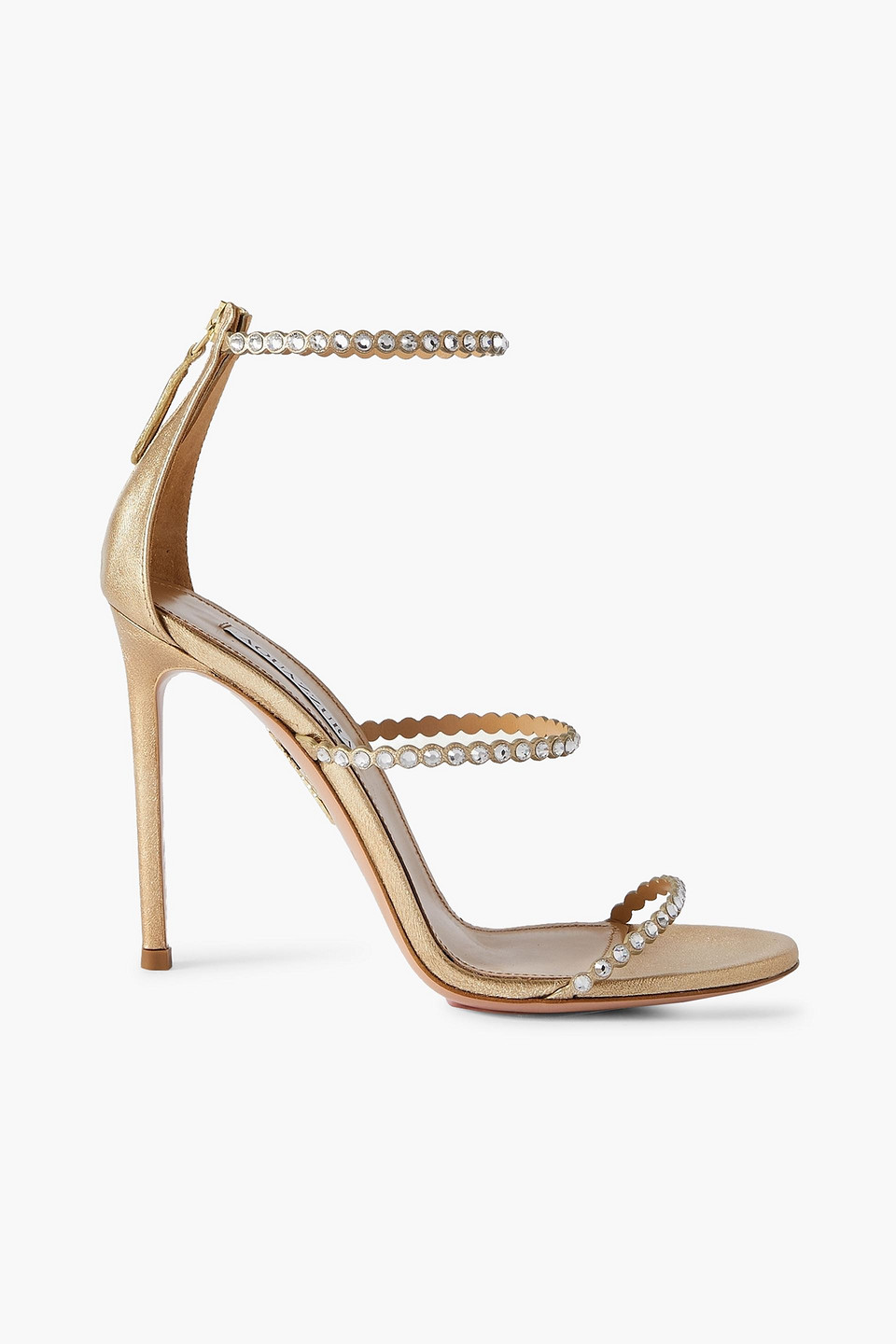 Aquazzura Mini Tequila 105 Crystal-embellished Metallic Leather Sandals In Platinum