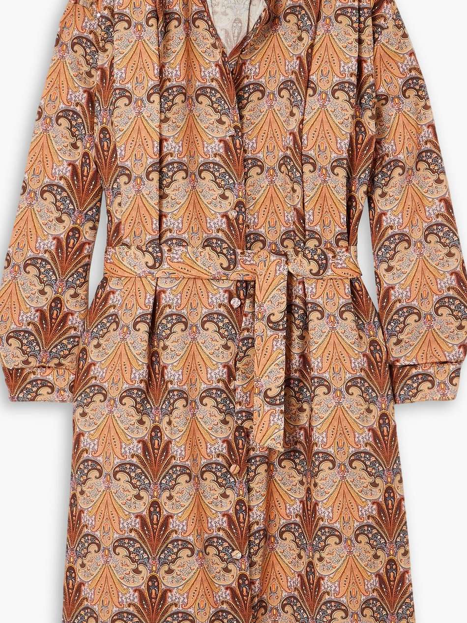 belted printed wool and silk-blend twill midi shirt dress