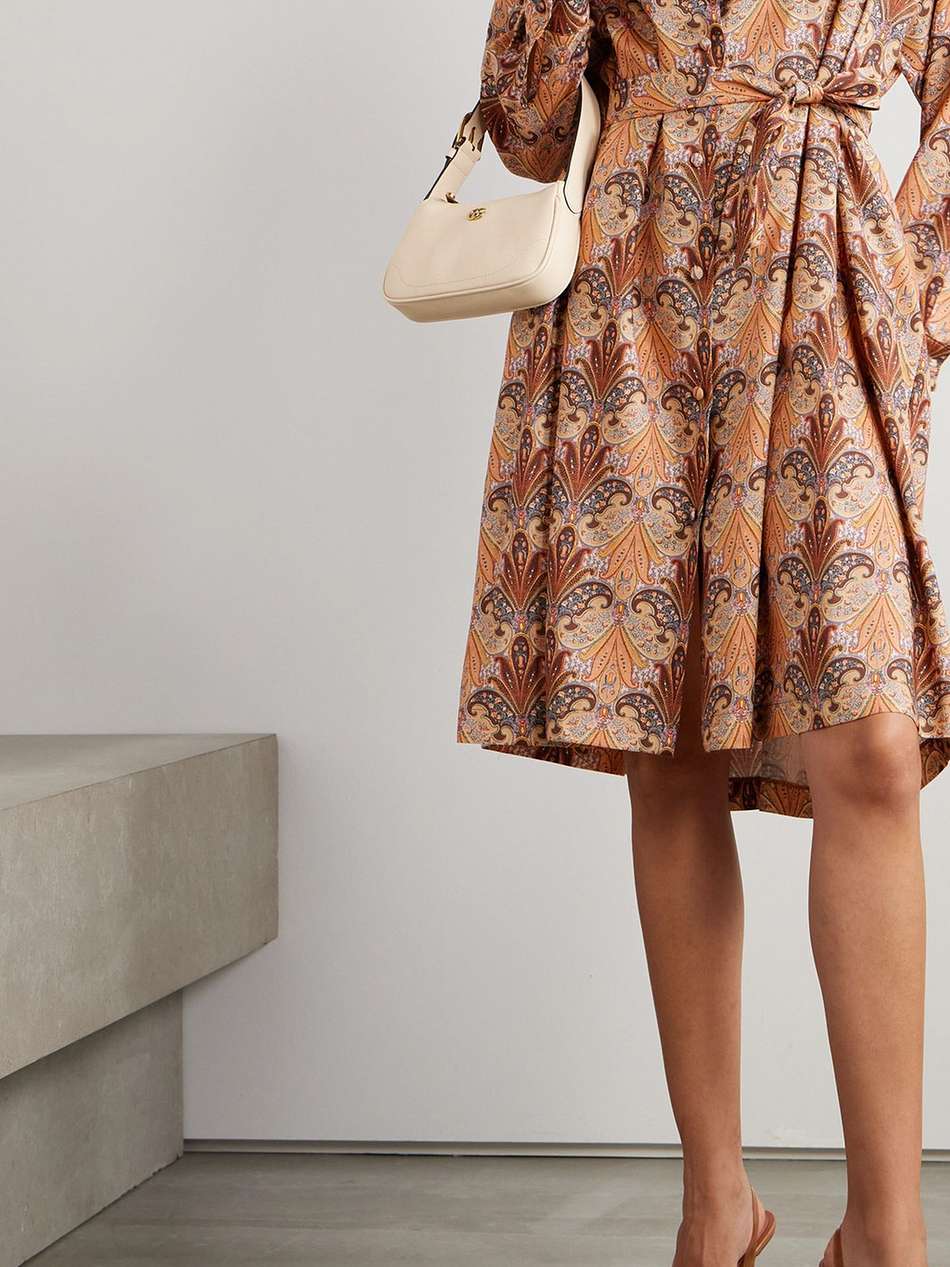 belted printed wool and silk-blend twill midi shirt dress