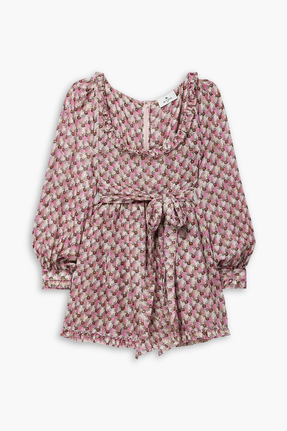 Etro Belted Ruffled Floral-print Metallic Silk Crepe De Chine Mini Dress In Pink