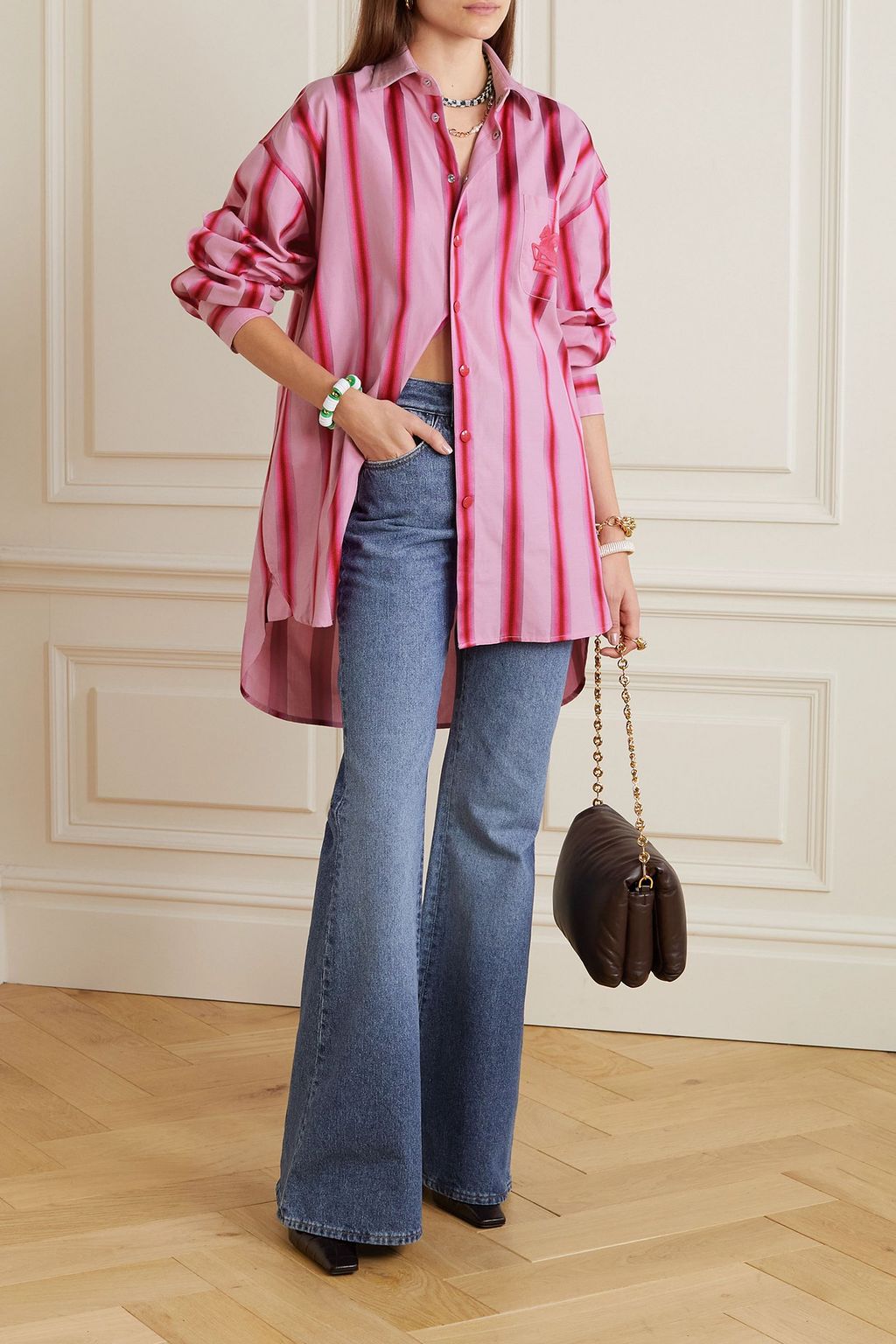 ETRO Oversized embroidered striped cotton and silk-blend shirt