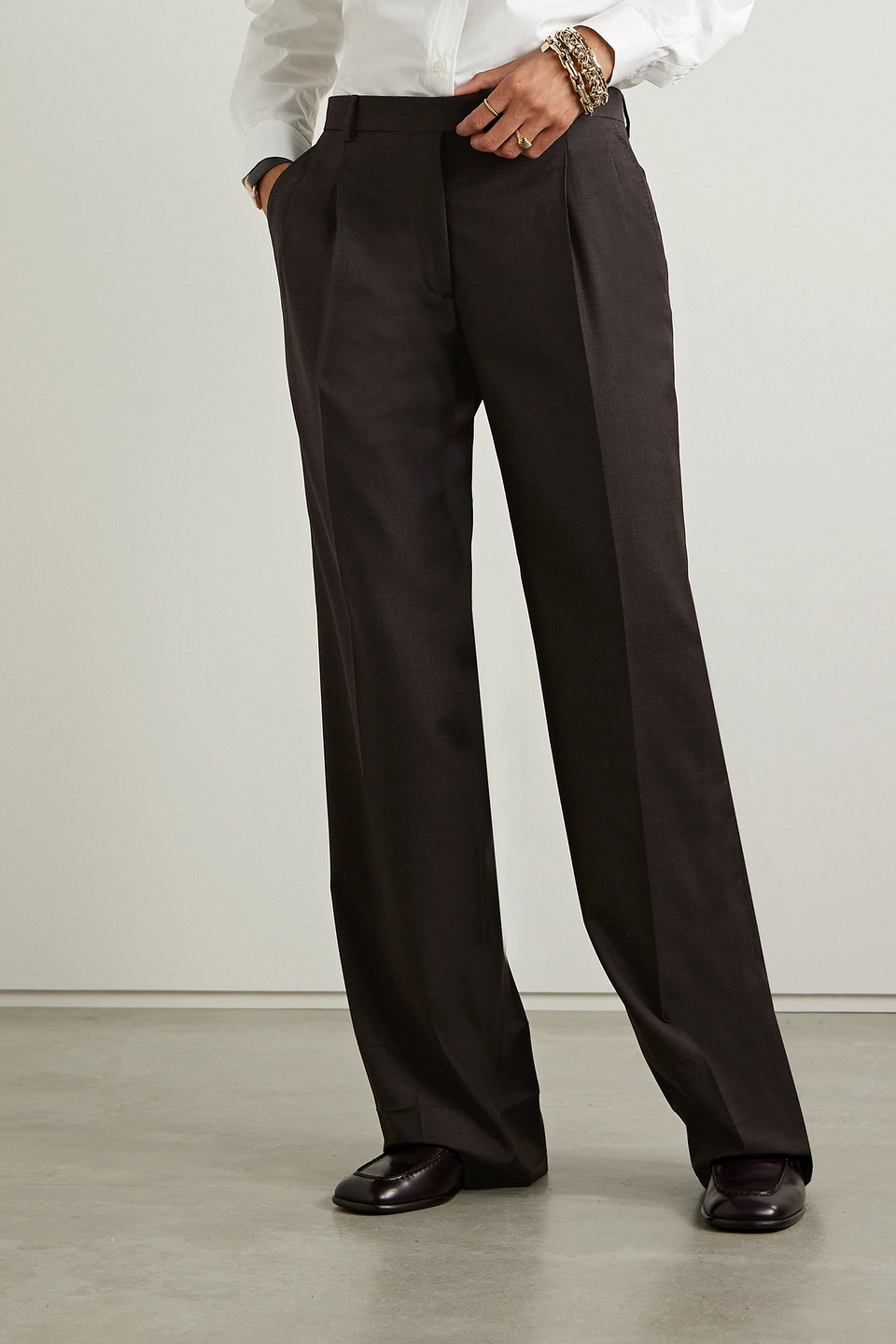 Brioni Pleated Wool Straight-leg Pants In Dark Brown