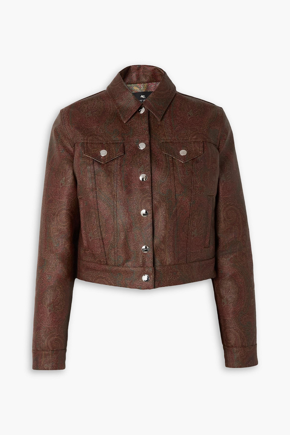 Etro Cropped Paisley-print Coated Cotton-blend Canvas Jacket In Brown