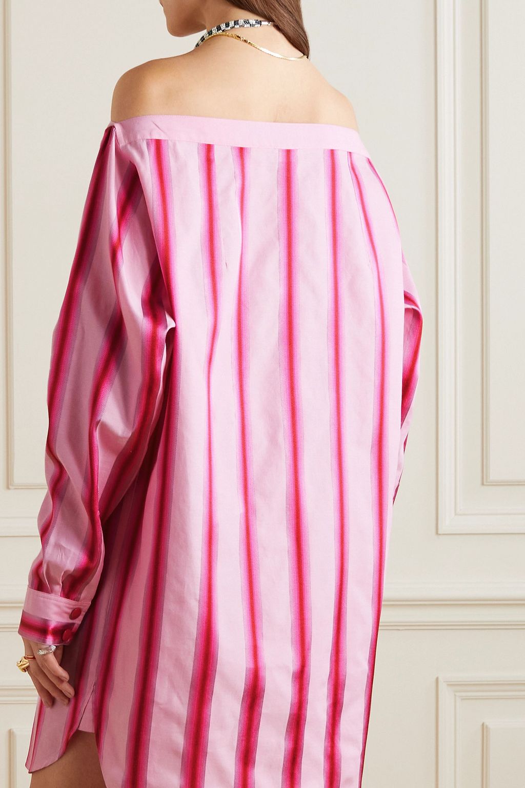 ETRO Off-the-shoulder embroidered striped cotton and silk-blend mini shirt dress