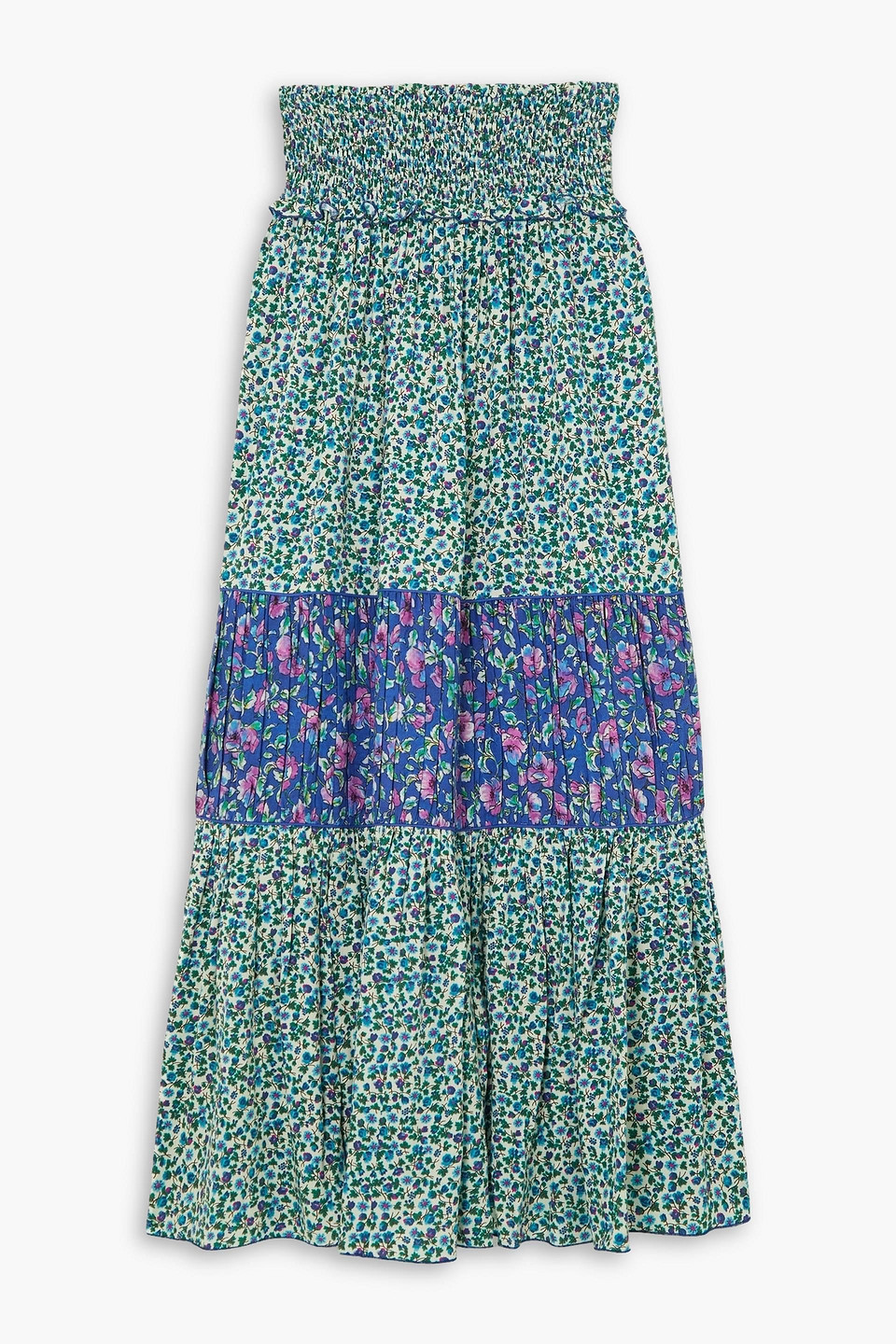 Loretta Caponi Romee Tiered Floral-print Woven Maxi Skirt In Forest Green