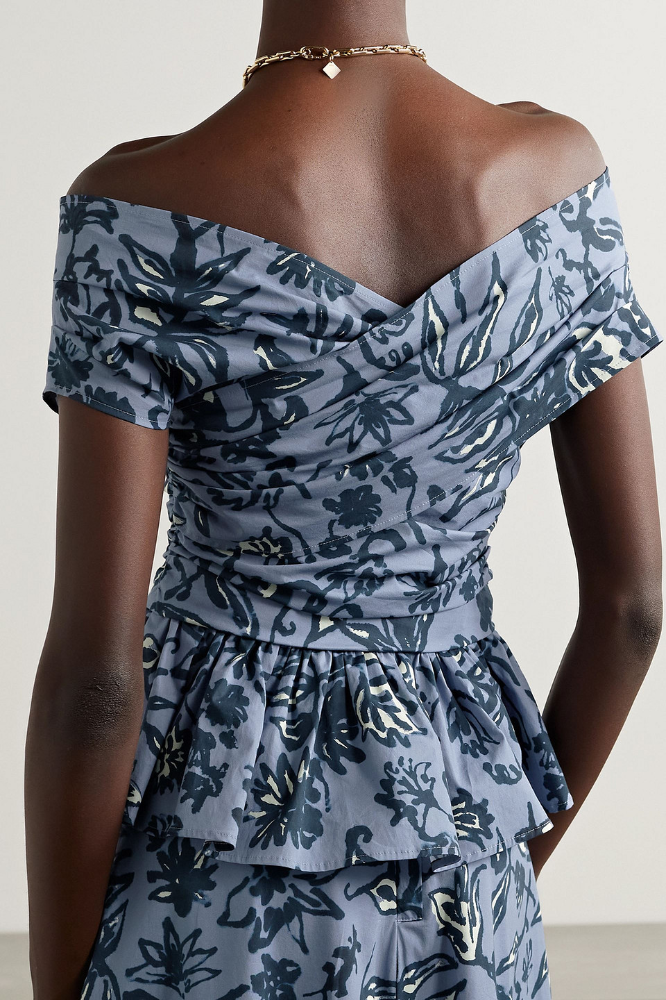 Altuzarra Pella Off-the-shoulder Floral-print Cotton-blend Poplin Peplum Top In Slate Blue