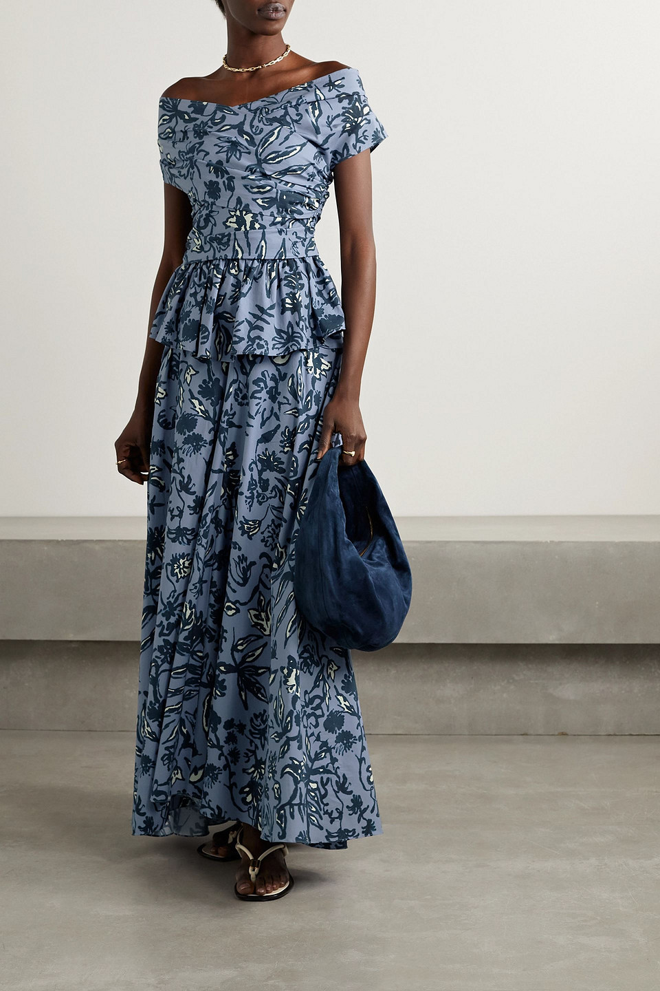 Altuzarra Pella Off-the-shoulder Floral-print Cotton-blend Poplin Peplum Top In Slate Blue