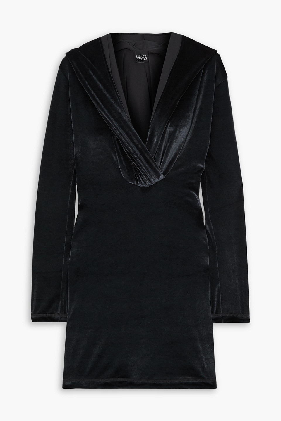 Leslie Amon Grace Hooded Velvet Mini Dress In Black