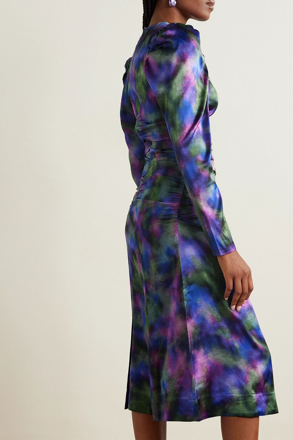 GANNI Ruched printed stretch-silk satin midi dress