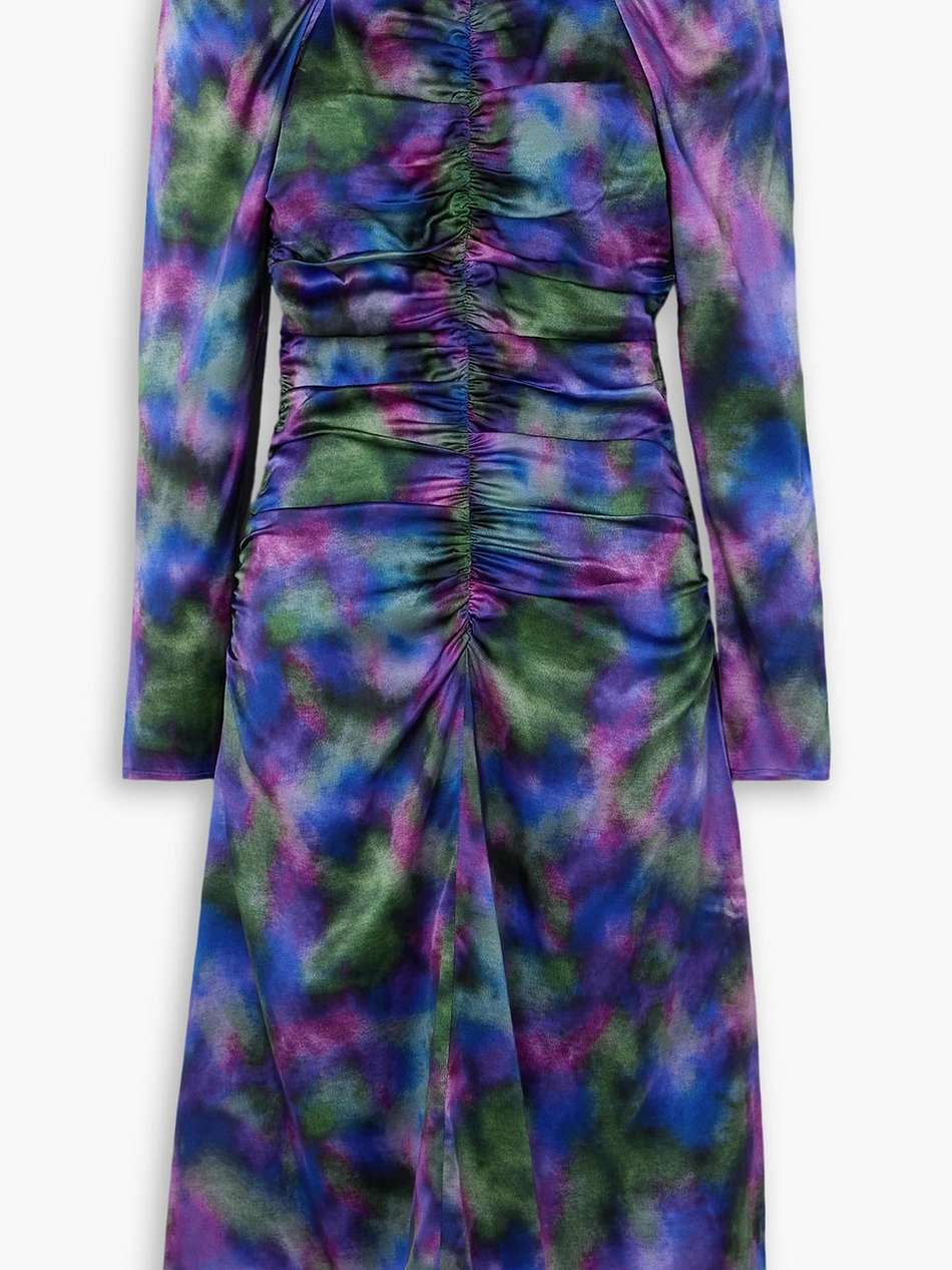 ruched printed stretch-silk satin midi dress