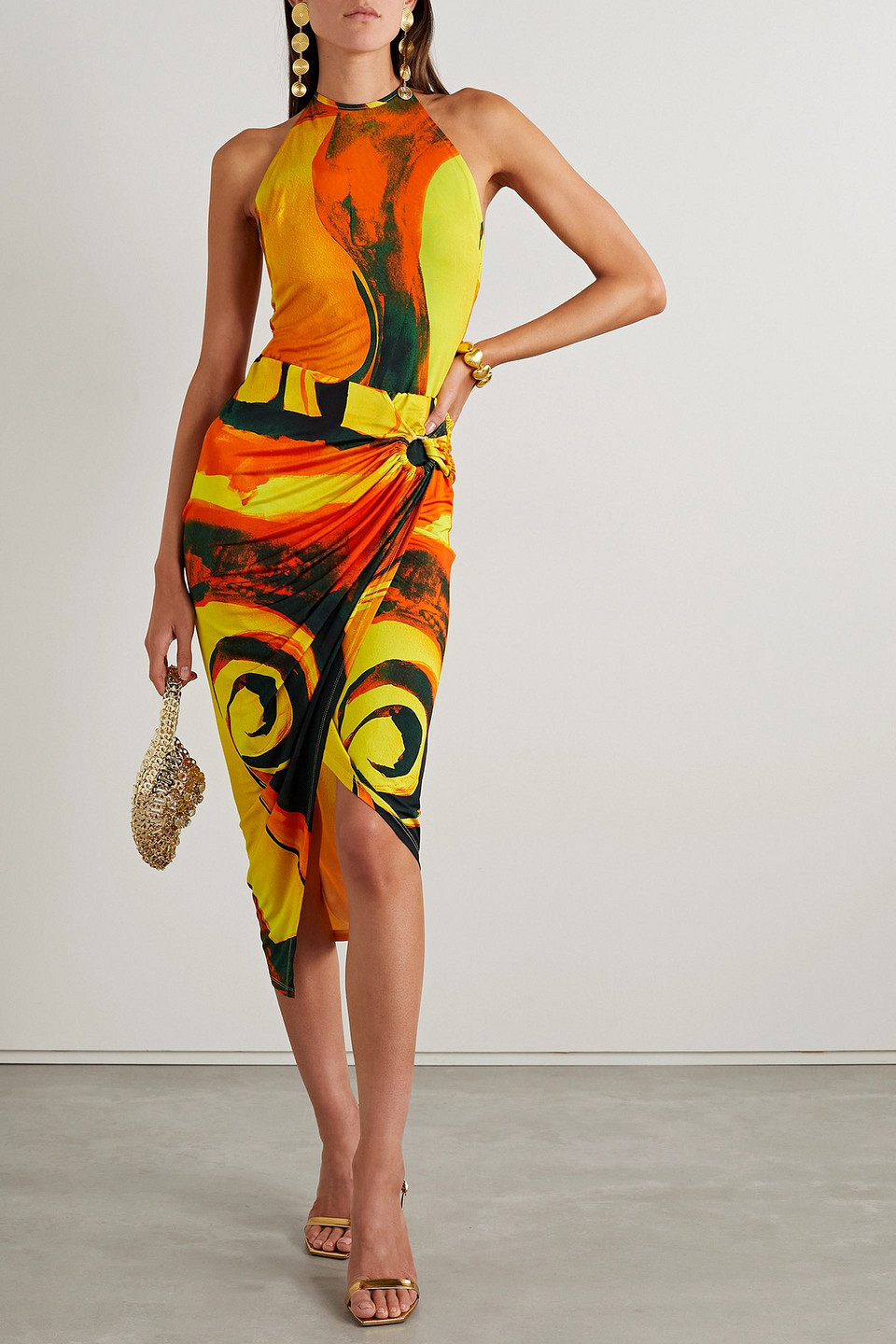 LOUISA BALLOU COASTLINE DRAPED PRINTED STRETCH-JERSEY MIDI SKIRT
