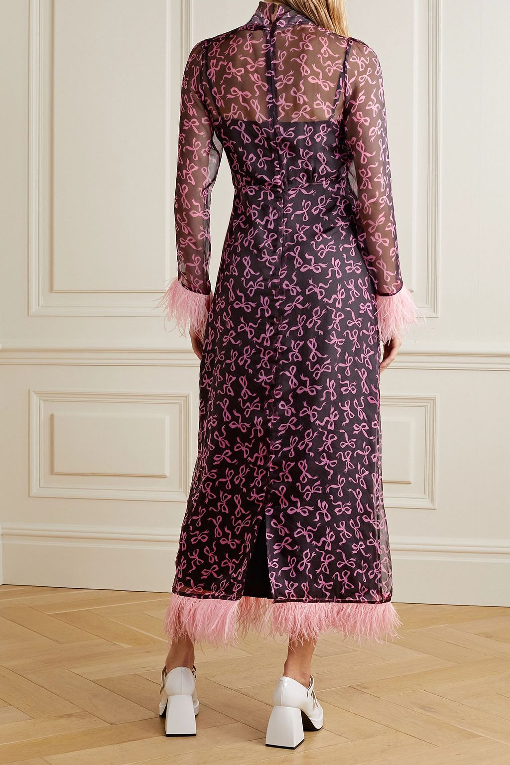 HVN Elisa feather-trimmed printed silk-chiffon midi dress