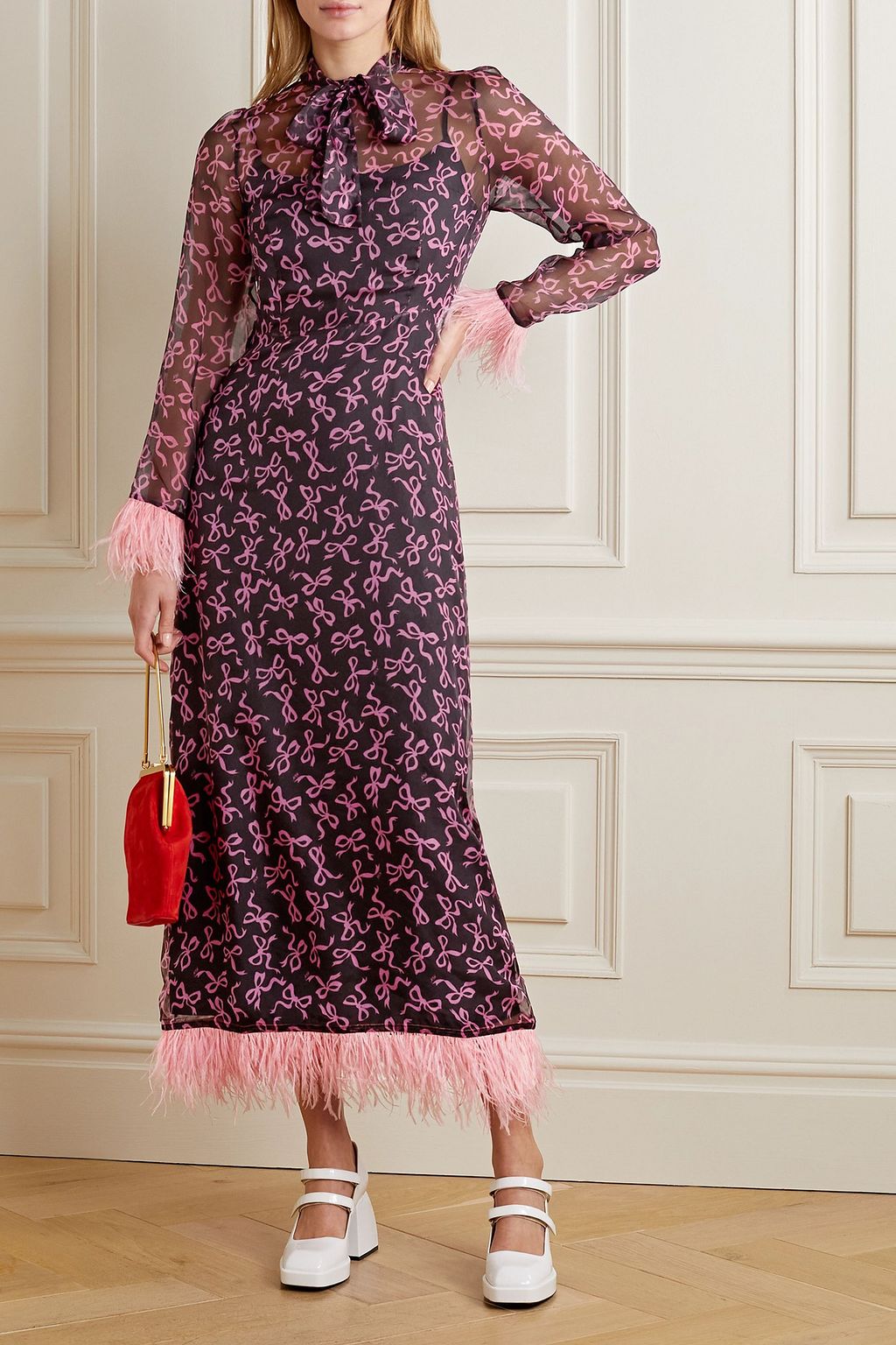 HVN Elisa feather-trimmed printed silk-chiffon midi dress