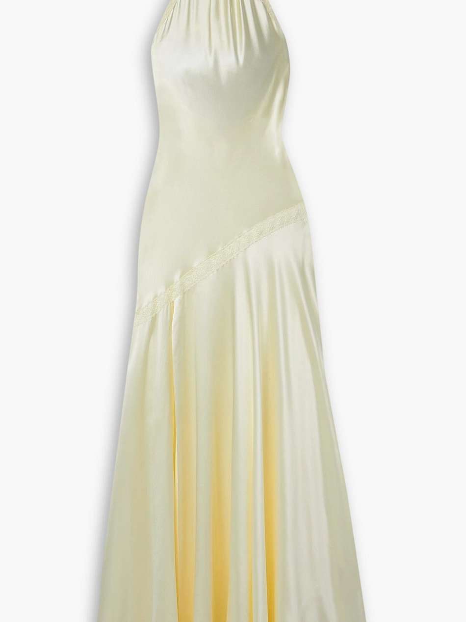 braylon lace-trimmed silk-satin halterneck gown