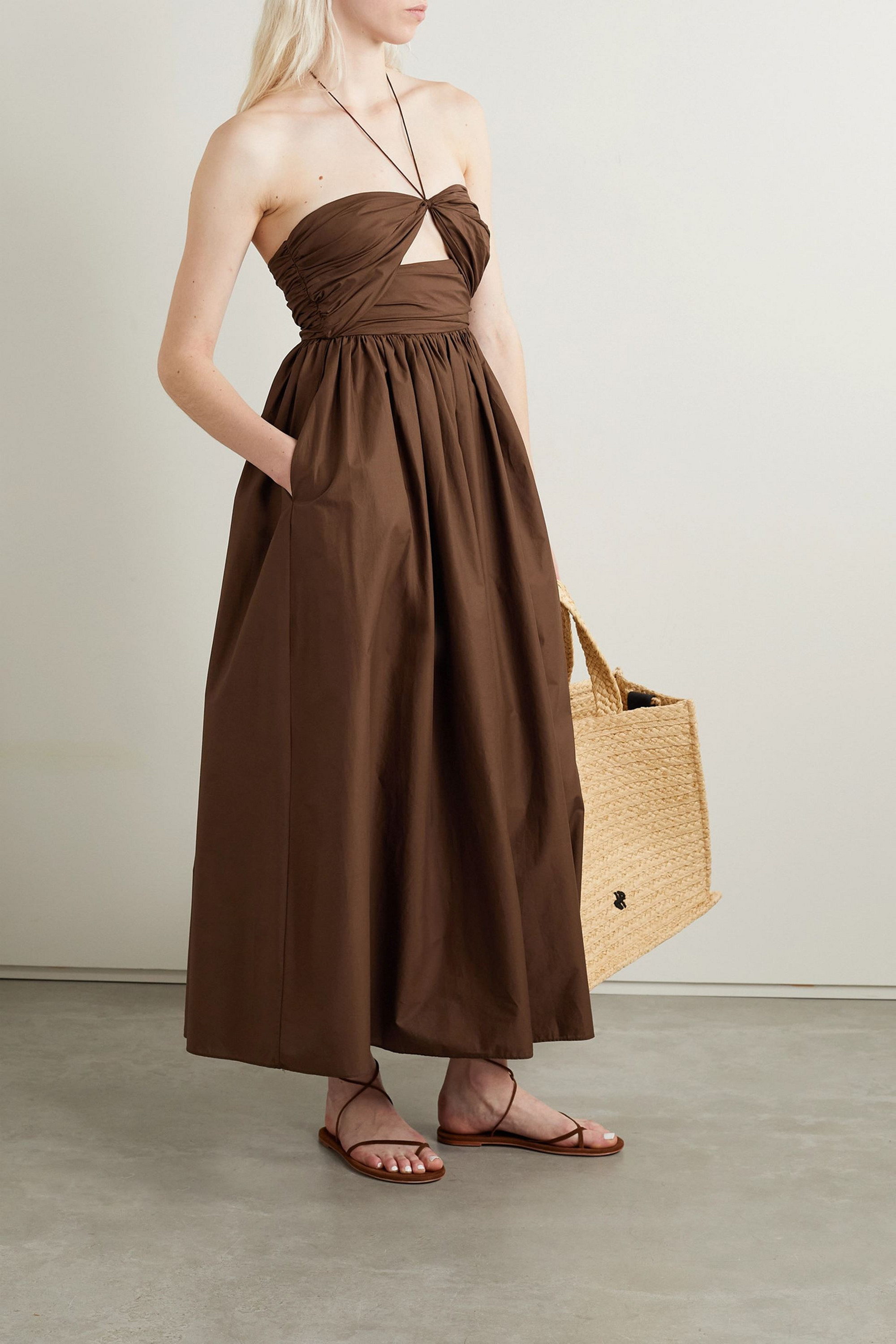 Matteau Cutout gathered cotton-poplin halterneck maxi dress