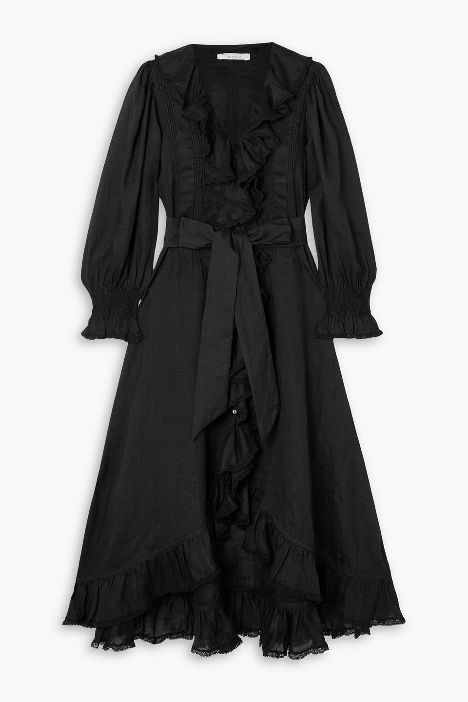 Doen Nadia Belted Ruffled Ramie Midi Dress In Black | ModeSens Doen Nadia Belted Ruffled Ramie Midi Dress In Black | ModeSens