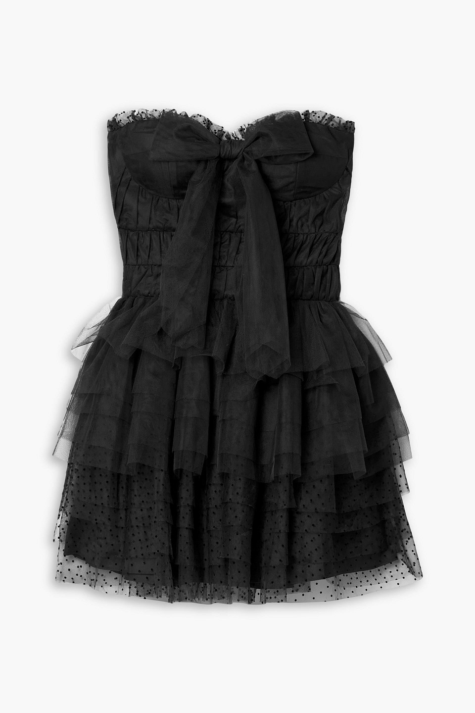 Loveshackfancy Faron Bow-detailed Tiered Flocked Tulle Mini Dress In Black