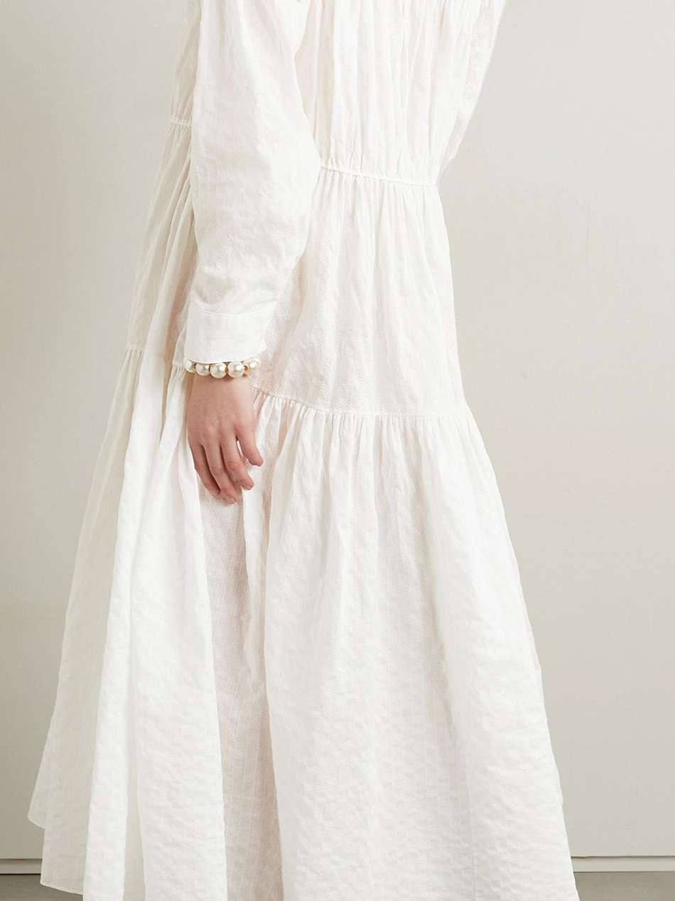 tiered embroidered crinkled cotton-voile maxi shirt dress