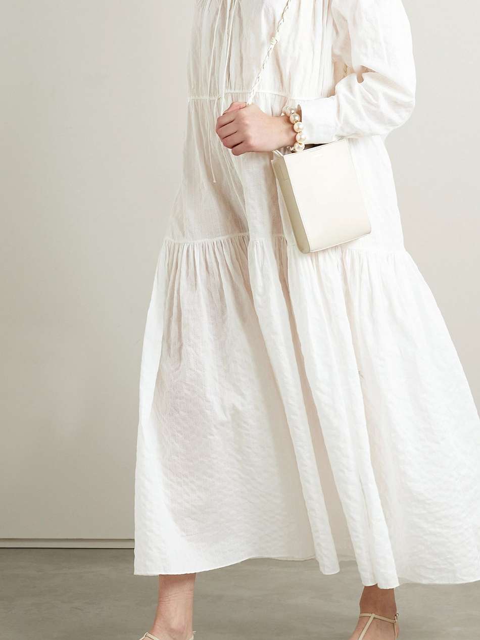 tiered embroidered crinkled cotton-voile maxi shirt dress