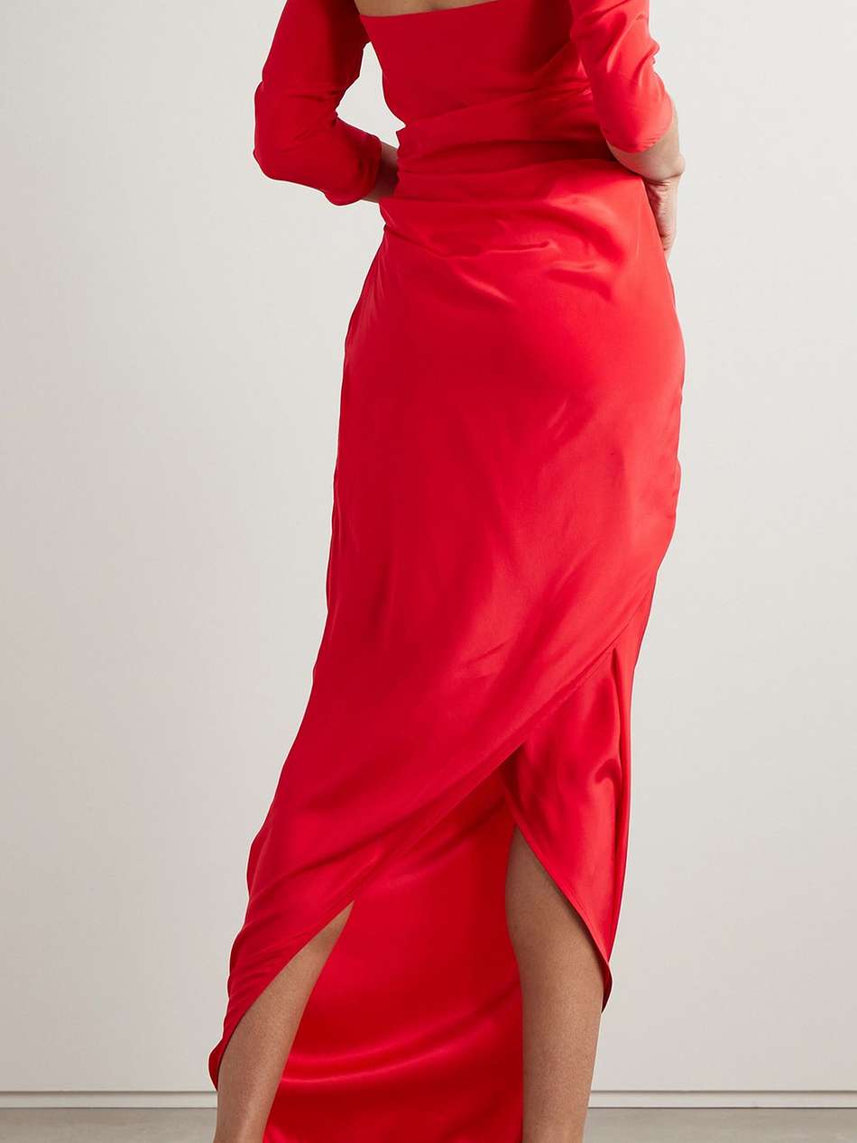 samaca cold-shoulder ruched silk maxi dress