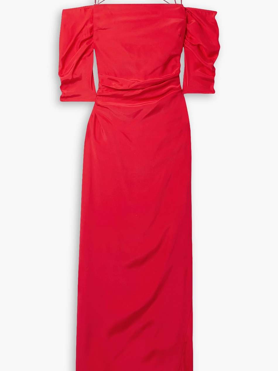 samaca cold-shoulder ruched silk maxi dress