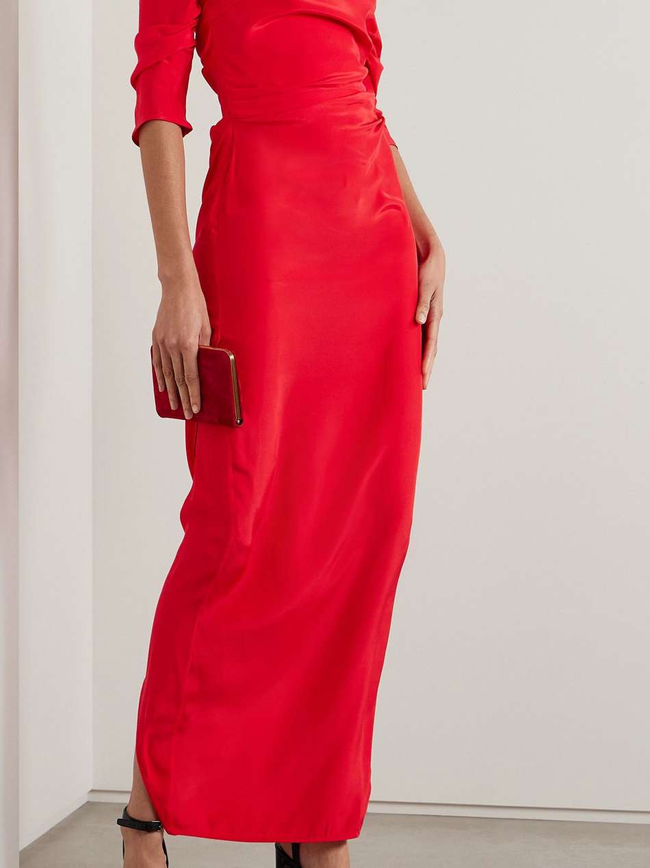 samaca cold-shoulder ruched silk maxi dress
