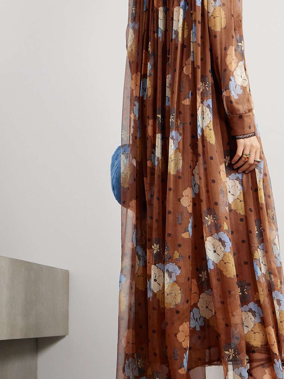 pussy-bow lace-trimmed printed silk-crepon maxi dress